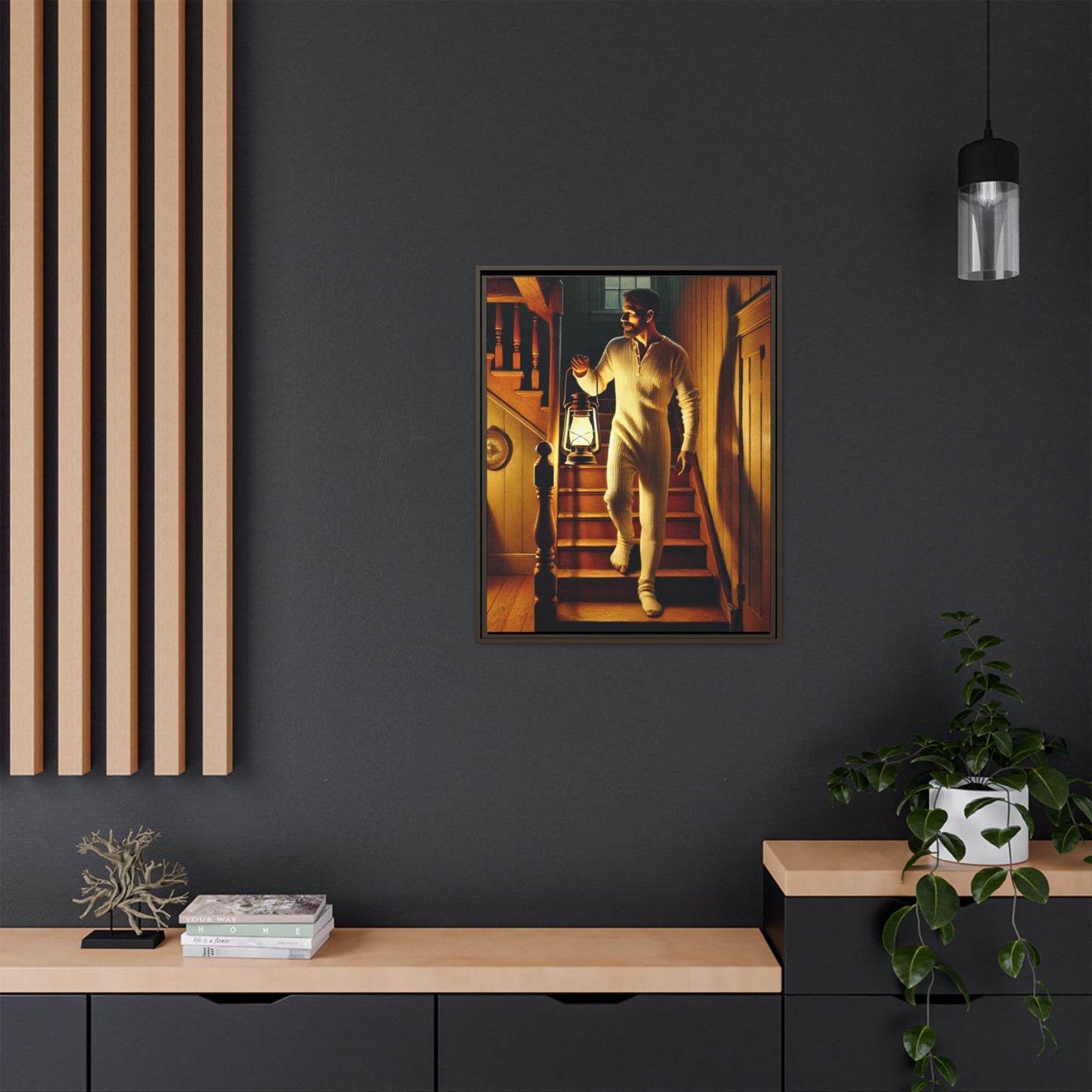 Atmospheric artwork of a man descending wooden stairs with a lantern, inspired by Grant Wood’s rural themes.