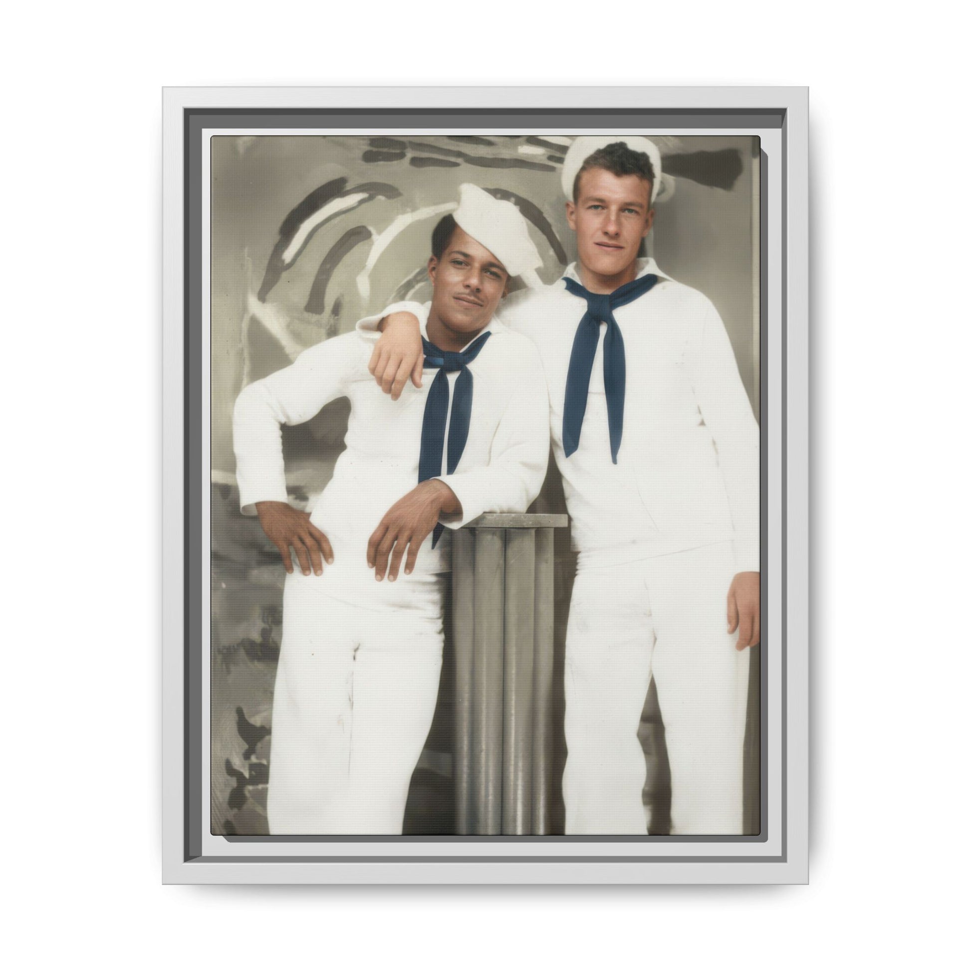 Historical studio photograph of two sailors in white uniforms with blue neckerchiefs