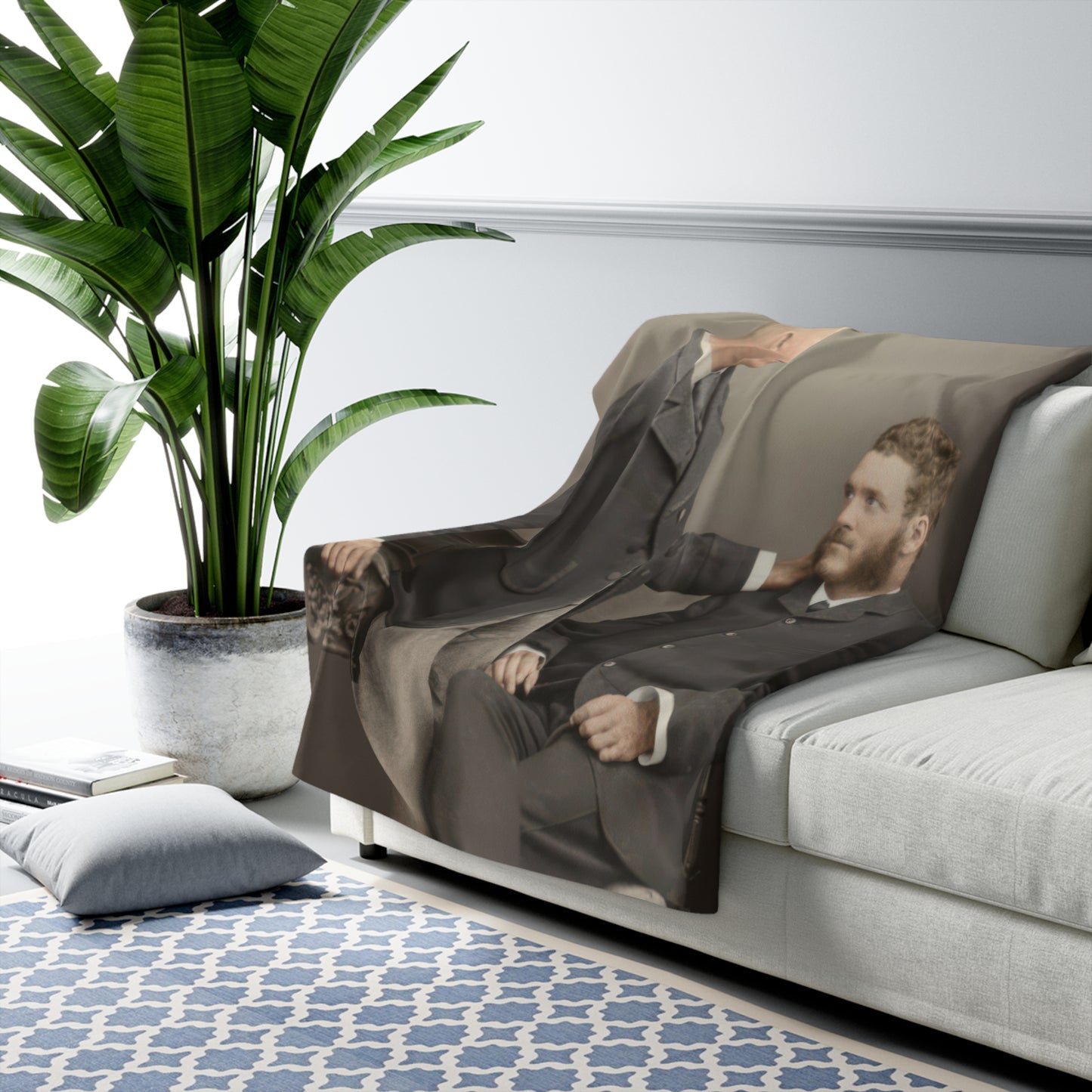 Historical portrait sherpa blanket with formal menswear and classic studio setting 