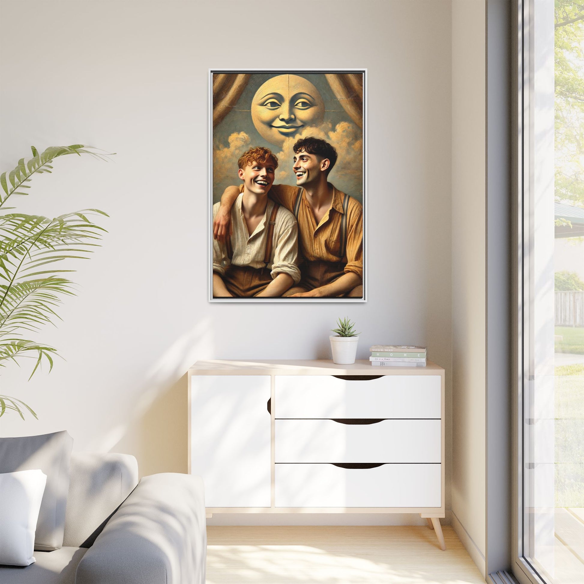 Queer artwork of two joyful young men dressed in vintage clothing with rolled sleeves and suspenders, laughing under a large moon prop in a dreamy studio scene. A celebration of love and resilience reclaimed from forgotten queer histories.