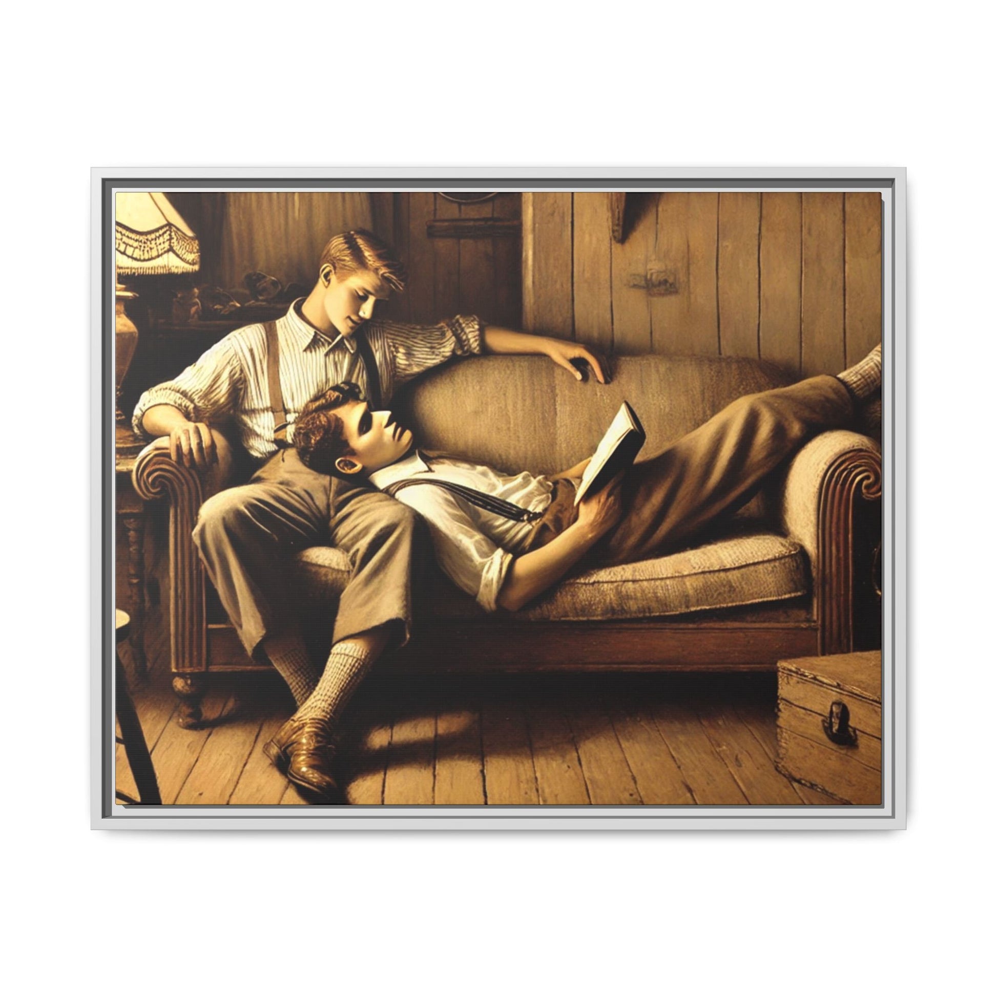 Art of a gay couple sharing an intimate moment on a cozy sofa in a rustic living room, inspired by Grant Wood’s style