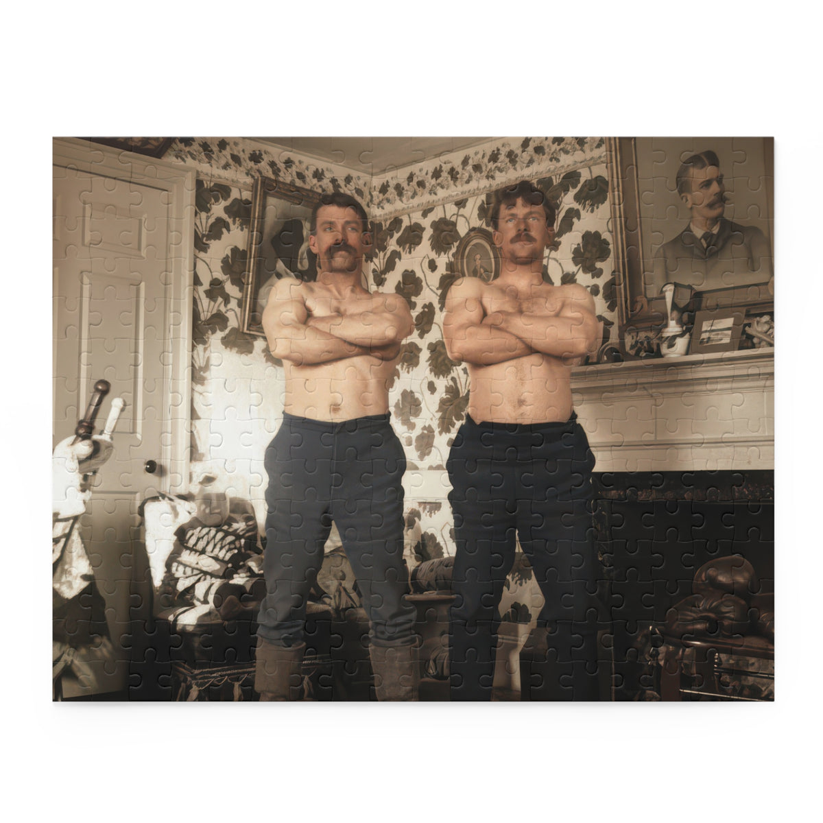 Close-up of jigsaw pieces showing floral wallpaper and framed portraits from the two mustached men historical photograph.