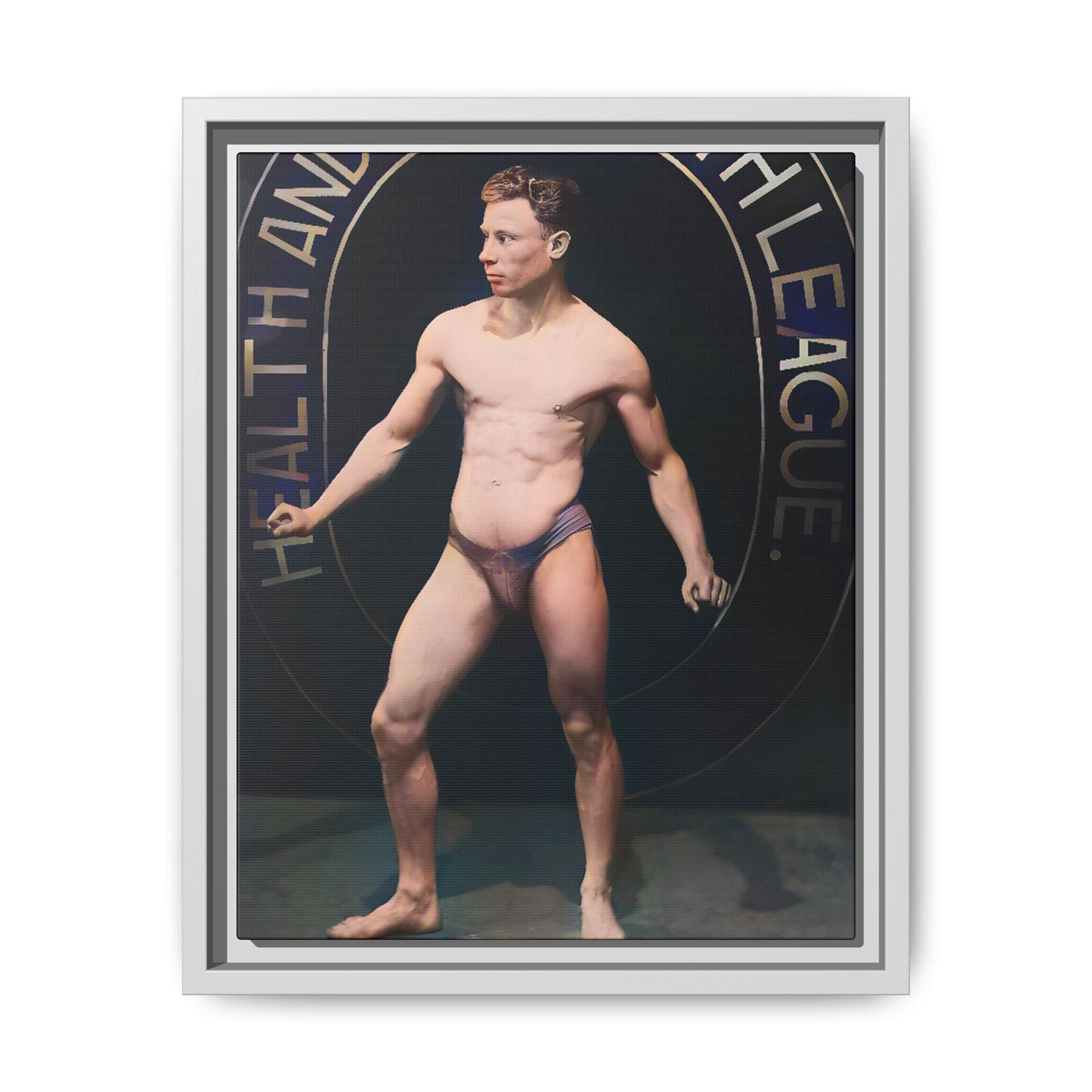 Restored vintage photo of Robert, a young bodybuilder from Manchester, UK, circa early 20th century, framed canvas.