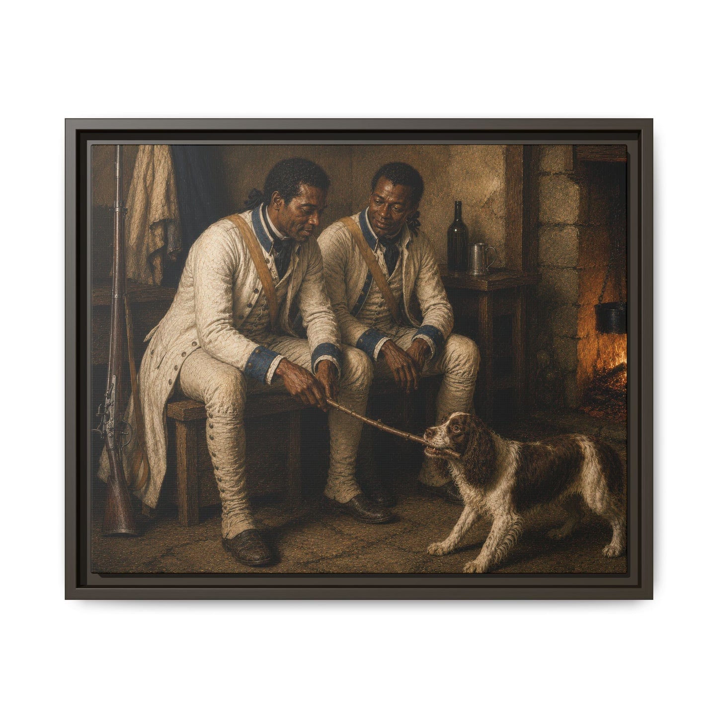 Two Black Revolutionary War soldiers seated beside a hearth playing with a spaniel, framed matte canvas historical artwork.