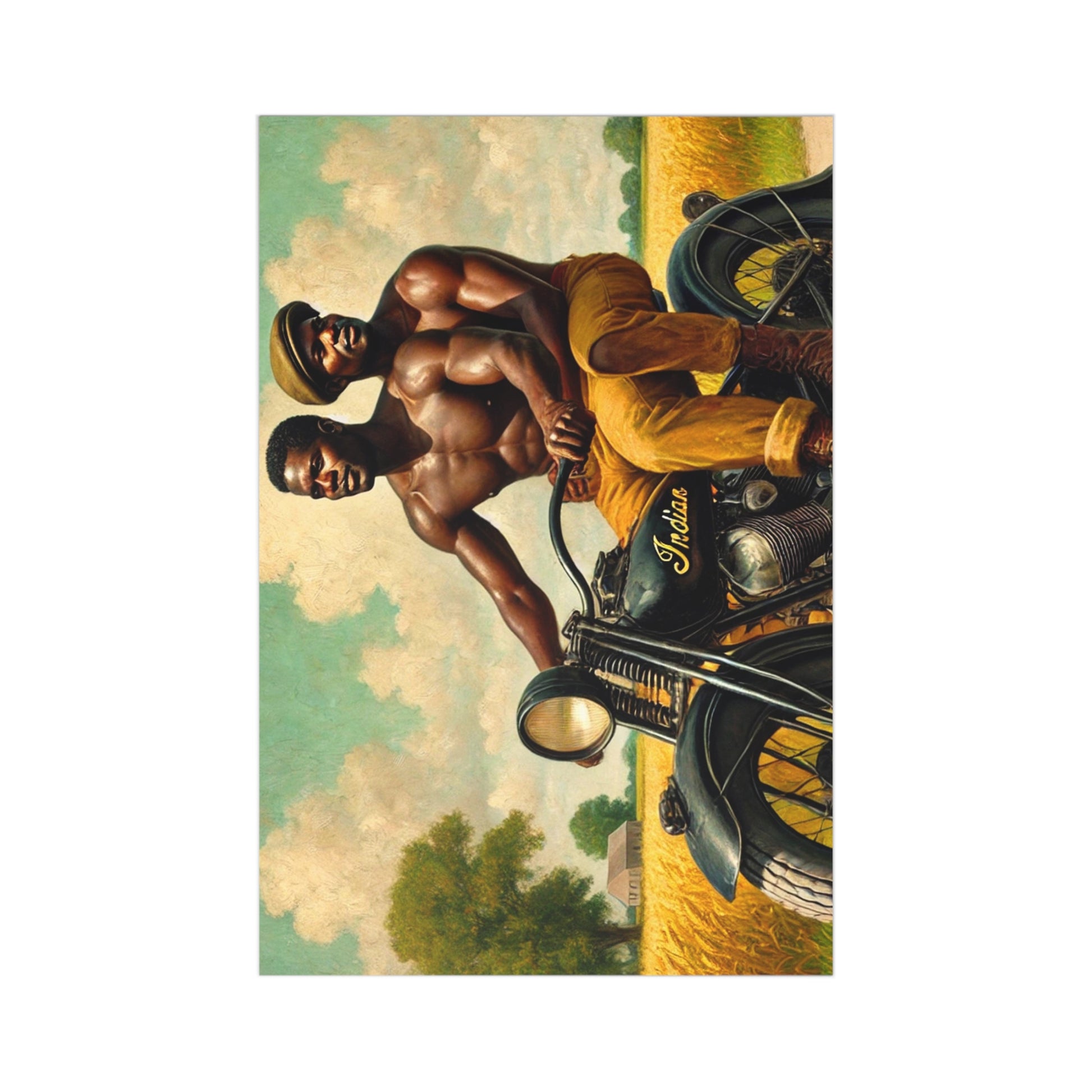 7-piece postcard set featuring an African-American gay couple riding a motorcycle through serene Iowa countryside.