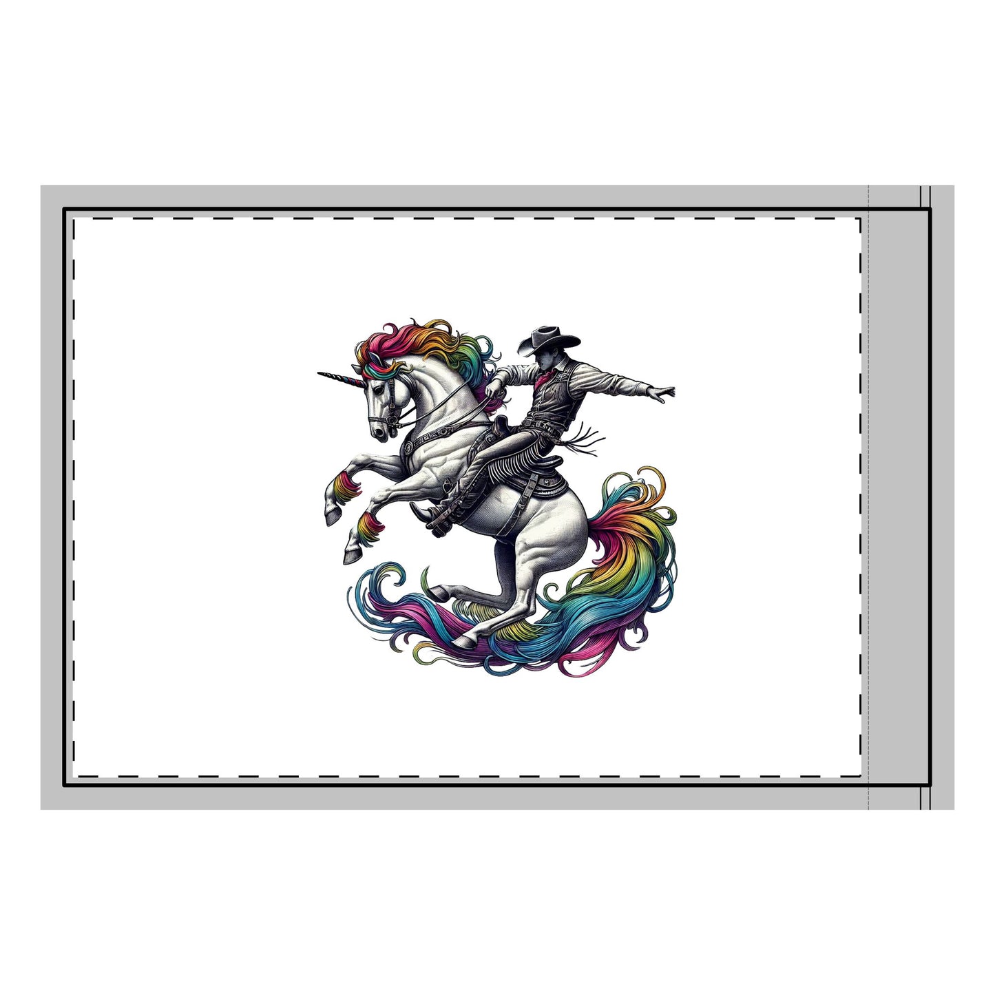 A bold Rainbow Riders flag featuring a cowboy riding a unicorn with a vibrant rainbow mane and tail, symbolizing diversity, unity, and inclusion. The design highlights school spirit and pride, perfect for events and advocacy. LGBTQ GAY Queer Flag