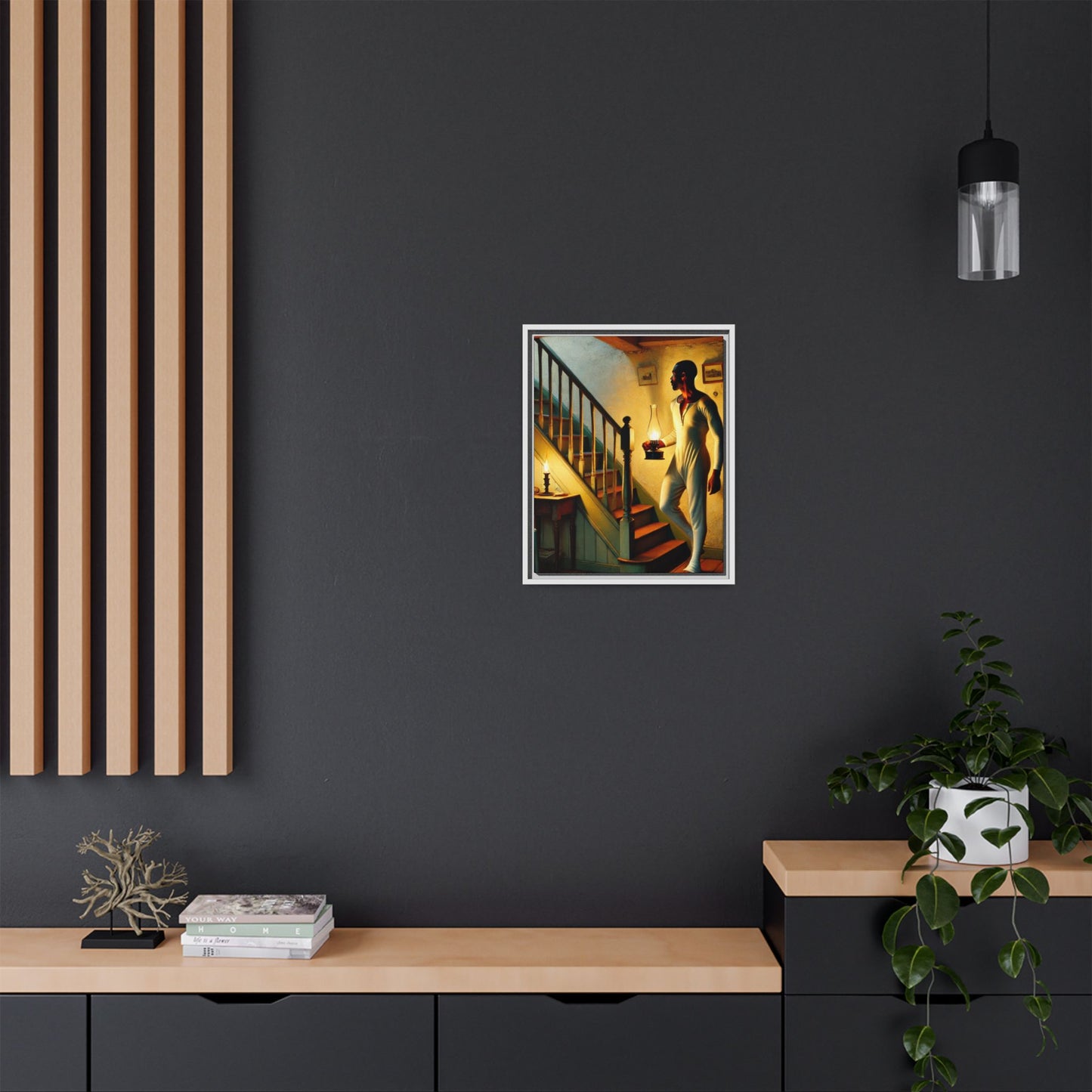 Framed artwork of an African-American man holding a lantern on a staircase, inspired by Grant Wood's style.