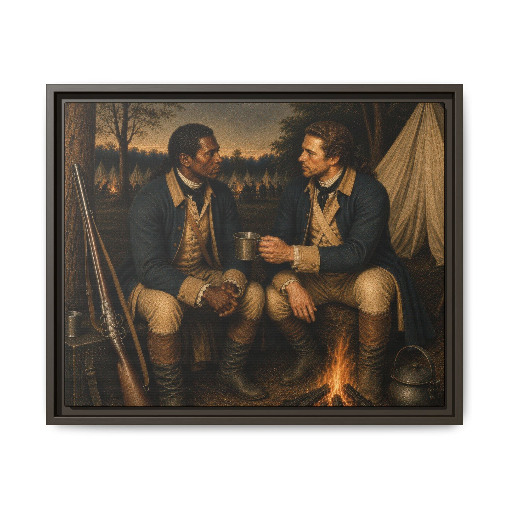 Black and white Continental Army soldiers seated beside a campfire in a Revolutionary War encampment at dusk.
