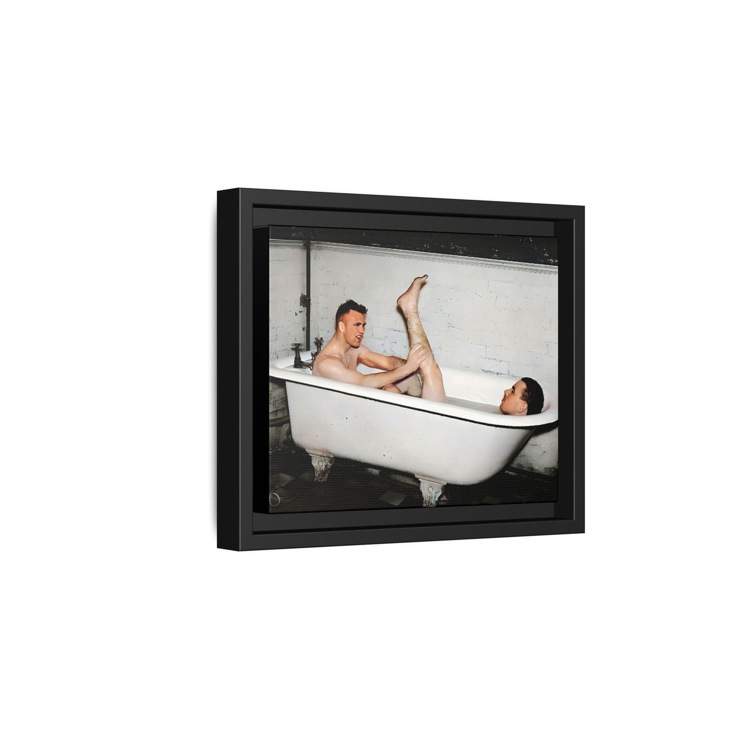 Restored vintage photo of Leon & Michael, a playful gay couple in a clawfoot bathtub, early 20th century, framed canvas.