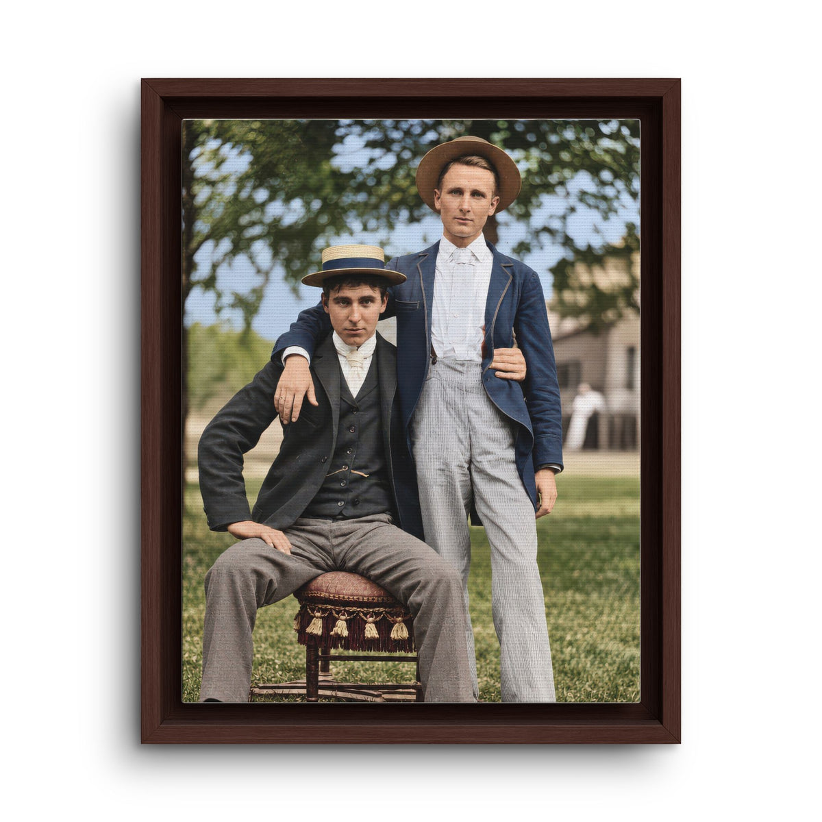 Edwardian-era double portrait of two men beneath leafy trees, reproduced as framed matte canvas wall art by Walt & Pete.