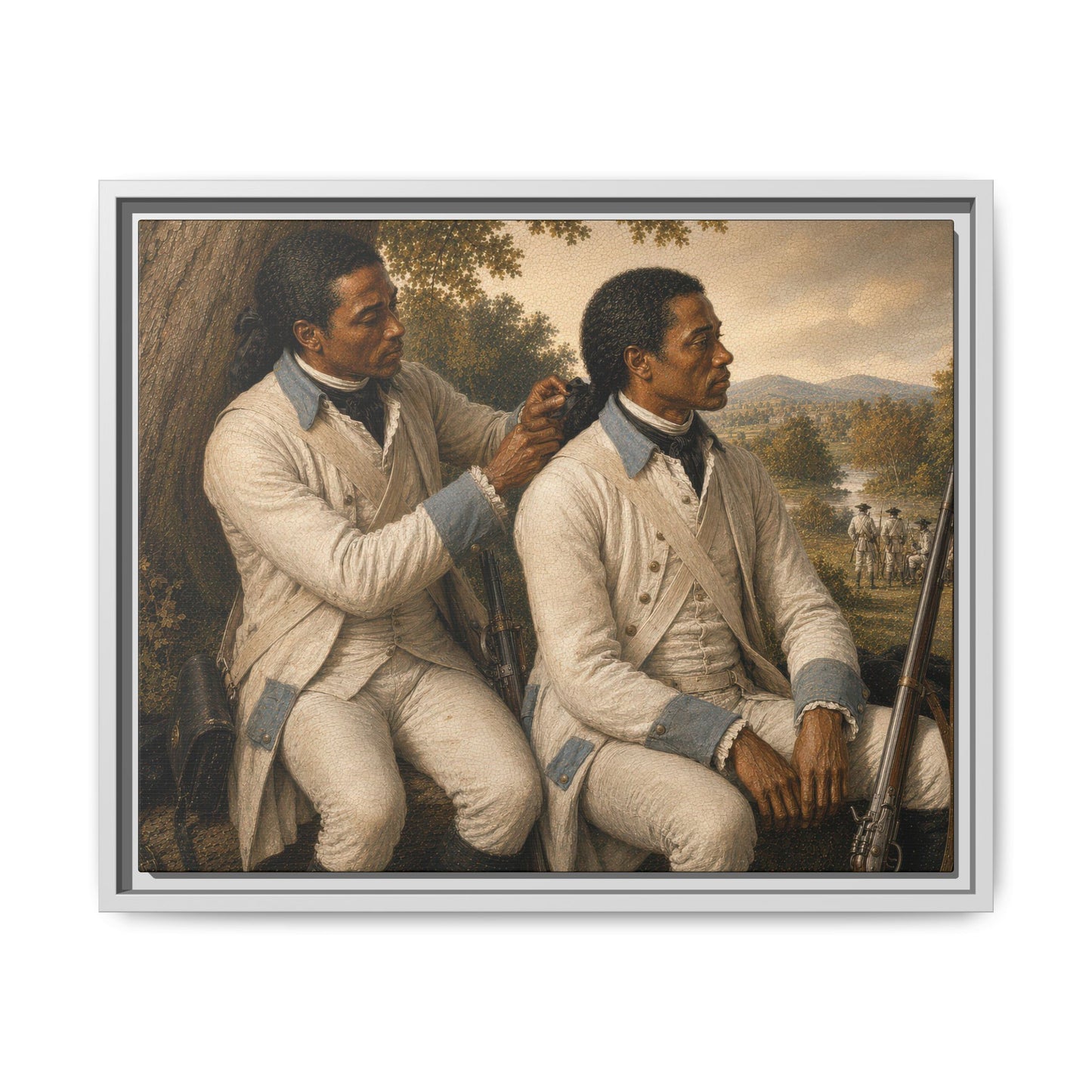 Historical canvas depicting two Black French allies in white uniforms seated outdoors with muskets and military equipment in an eighteenth-century landscape.