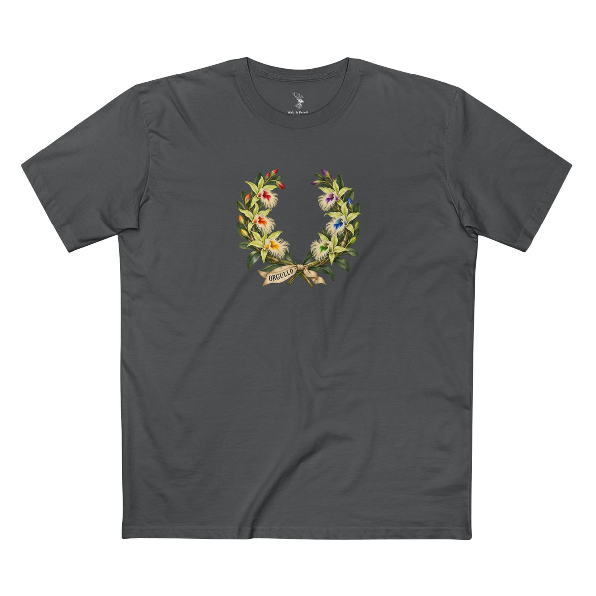 Front view of a Honduran Pride T-shirt featuring a fringed orchid laurel wreath with rainbow accents and an ORGULLO ribbon.
