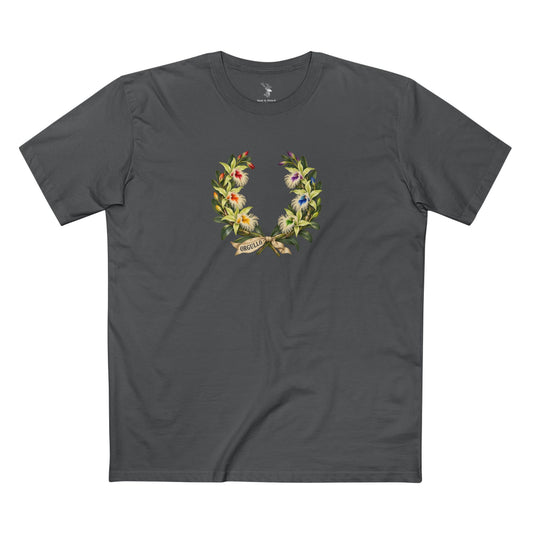 Front view of a Honduran Pride T-shirt featuring a fringed orchid laurel wreath with rainbow accents and an ORGULLO ribbon.
