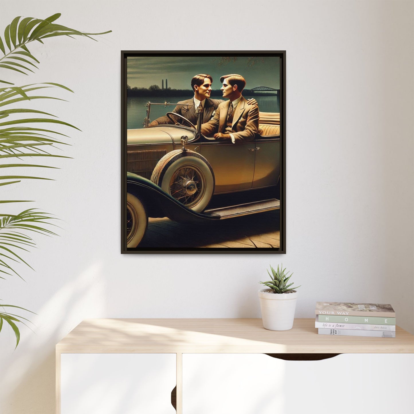 Vintage-style artwork of a gay couple in a 1930 Packard car by the Mississippi River under moonlight, celebrating love and history.