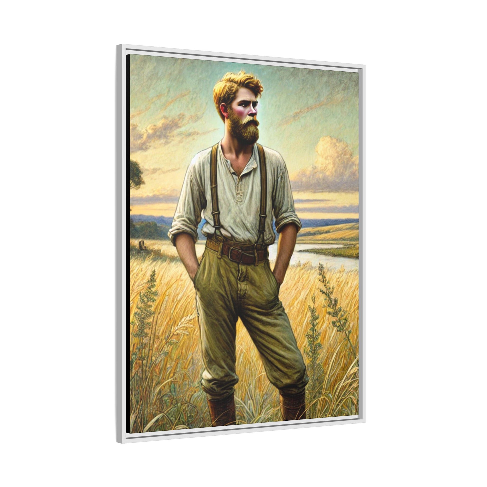 Framed artwork of a confident farmer in 19th-century attire, standing in a golden wheat field, inspired by Walt Whitman’s Song of Myself in Leaves of Grass.