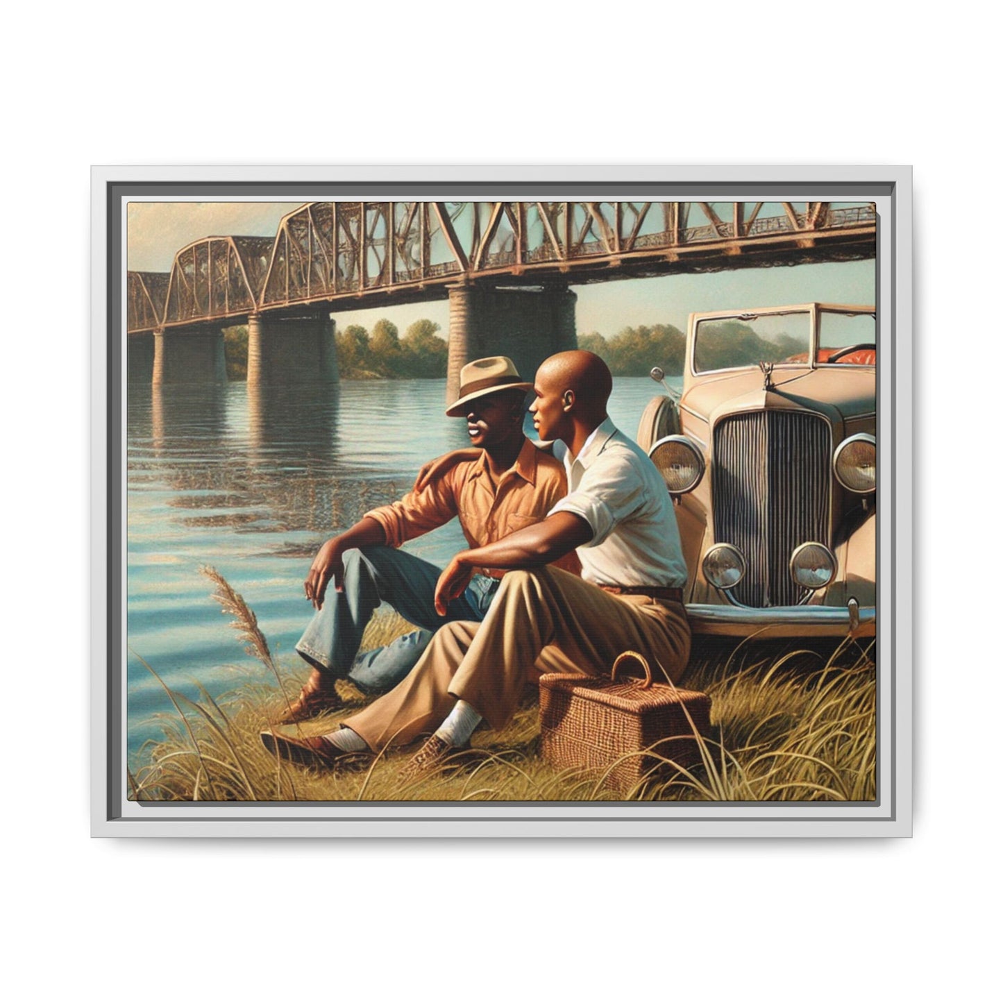 Vintage-style painting of an African-American gay couple in the 1930s by the Mississippi River with a Packard car, celebrating love and resilience.