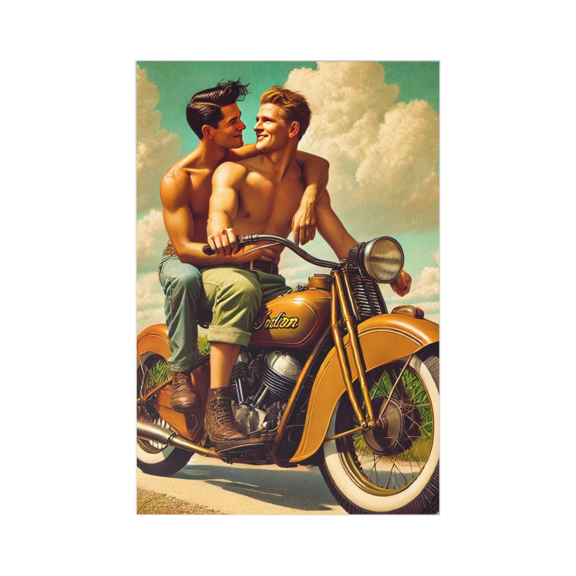 Postcard set featuring two men on a vintage motorcycle, inspired by Grant Wood's art, celebrating love and connection.