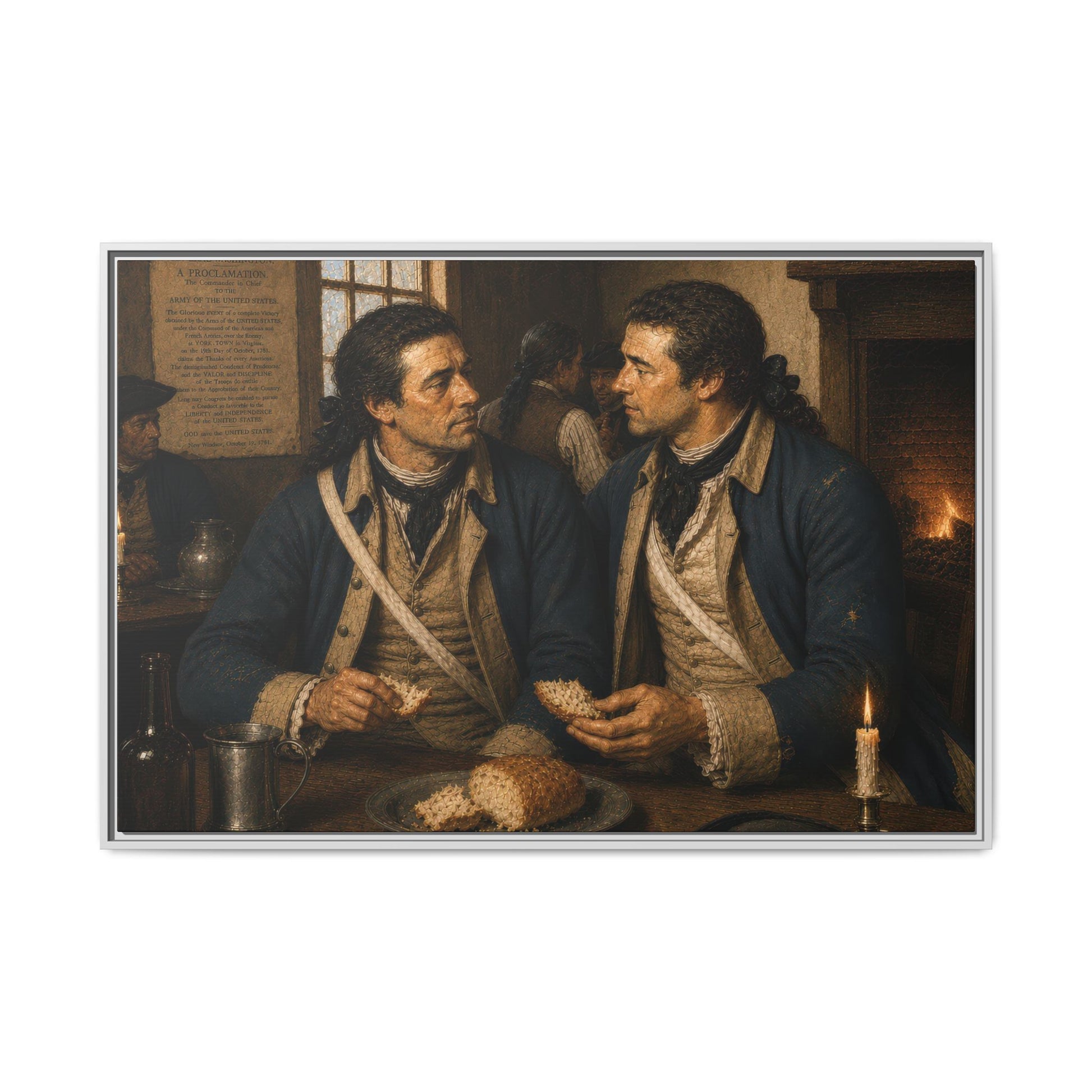 Historical wall art depicting Continental Army soldiers gathered indoors beneath a victory proclamation during the American Revolution.
