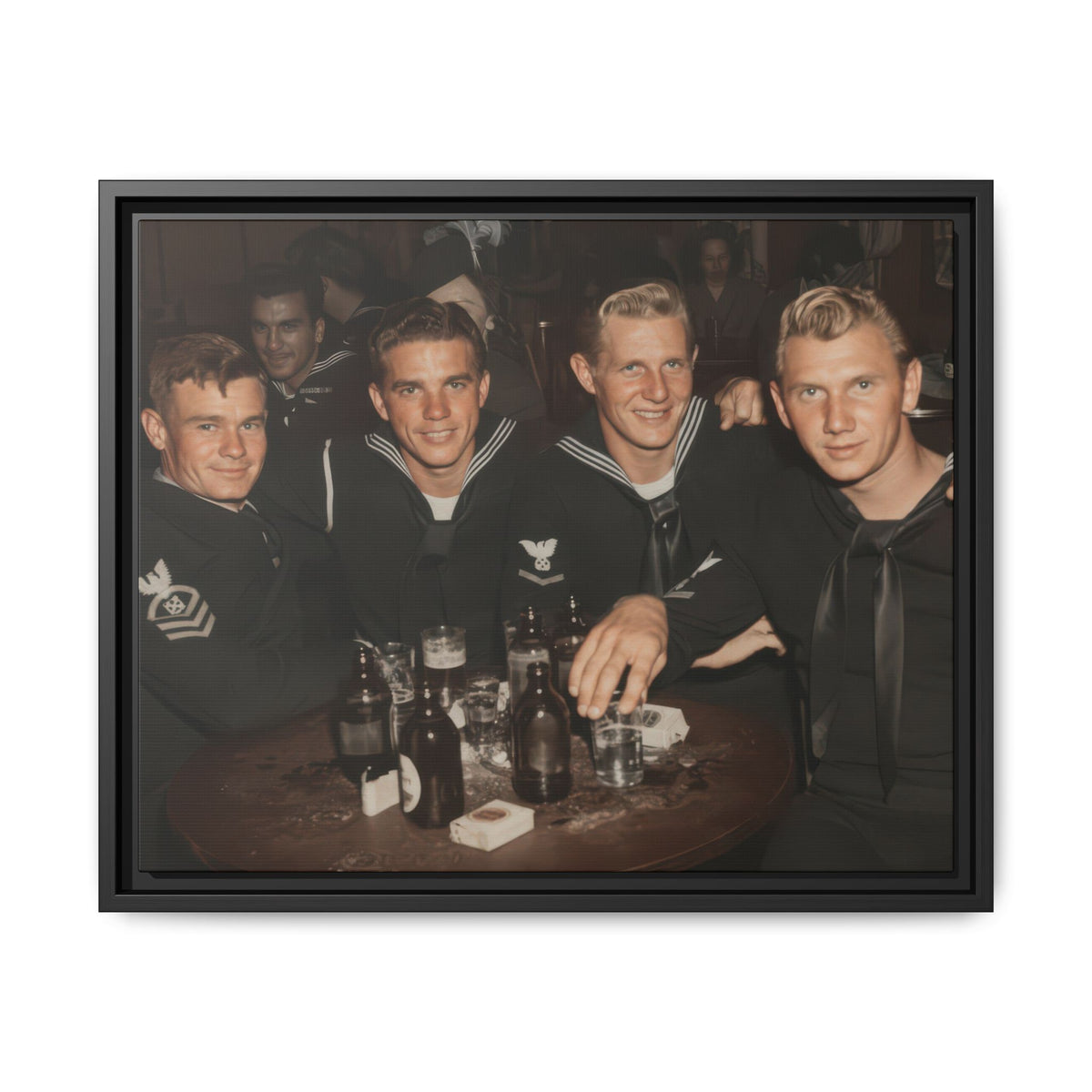 Four foreground sailors with striped collars and arms across shoulders face the camera, with additional people in a dim interior behind them.