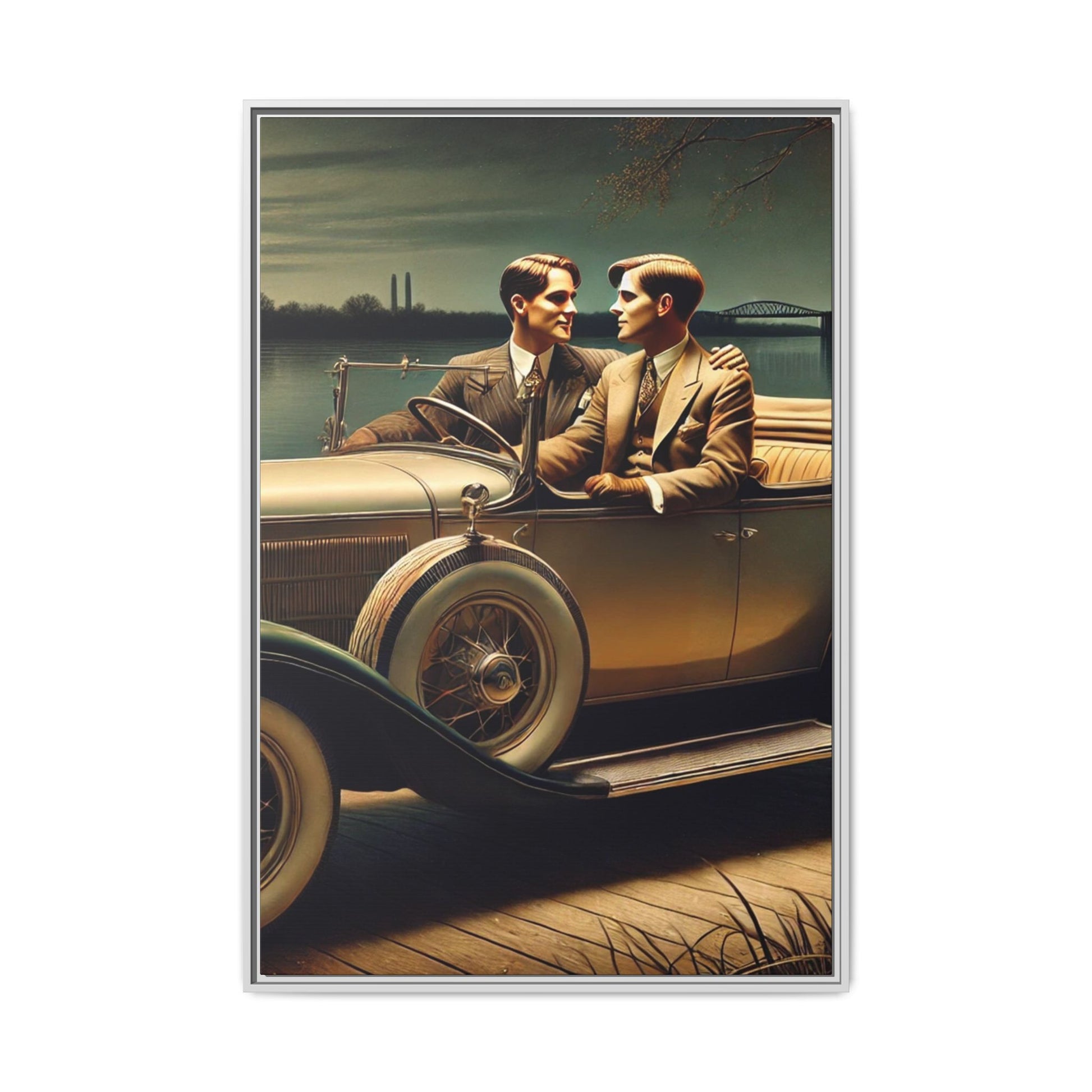 Vintage-style artwork of a gay couple in a 1930 Packard car by the Mississippi River under moonlight, celebrating love and history.