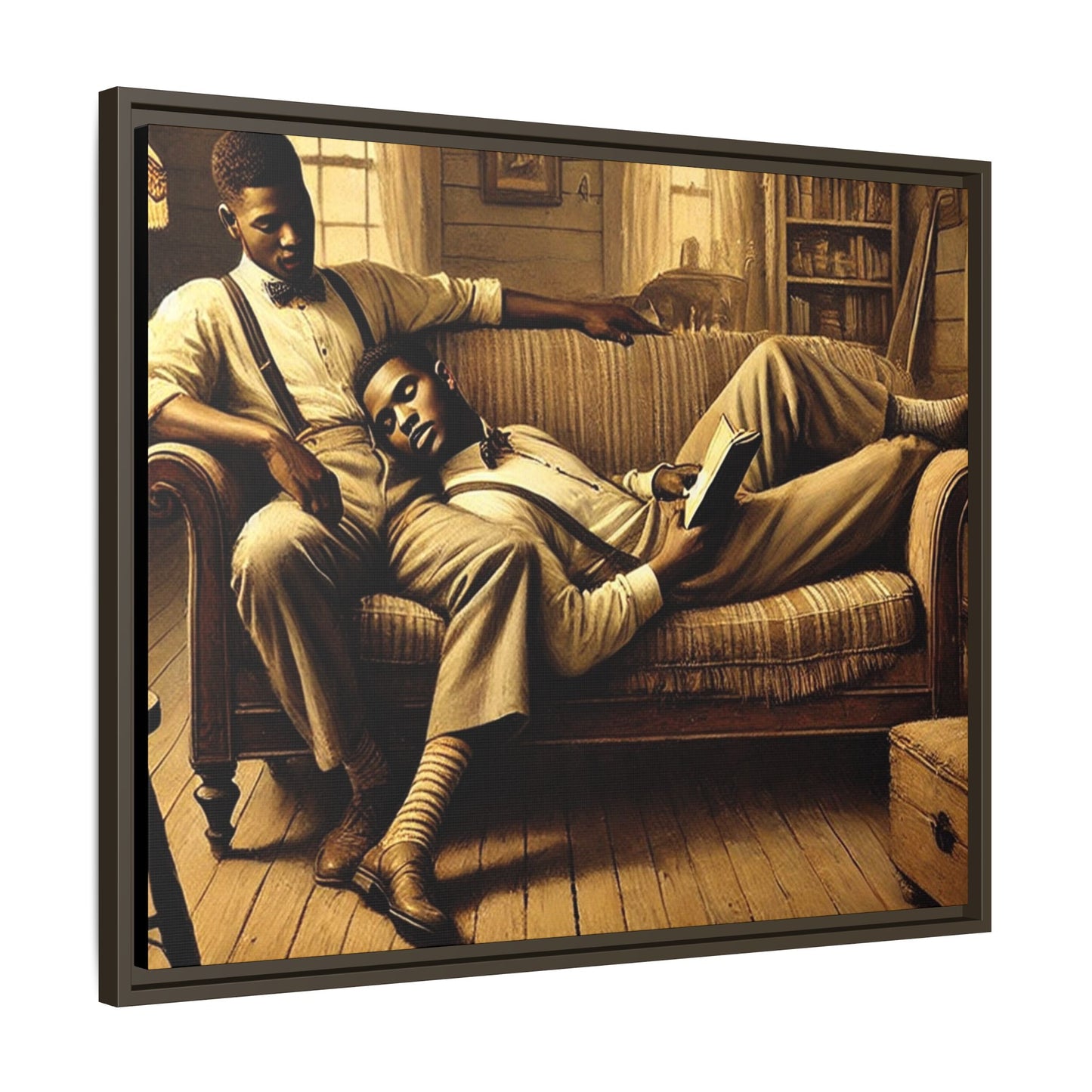 Framed artwork of an African-American gay couple sharing an intimate moment on a rustic sofa, inspired by Grant Wood’s style