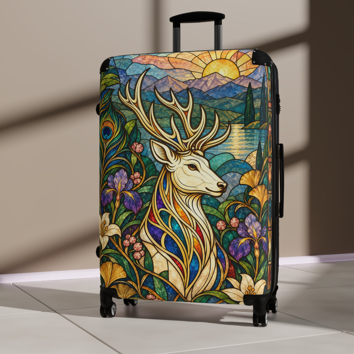 The Jeweled Sentinel Stained Glass Stag Suitcase | Aesthetic Movement Luggage