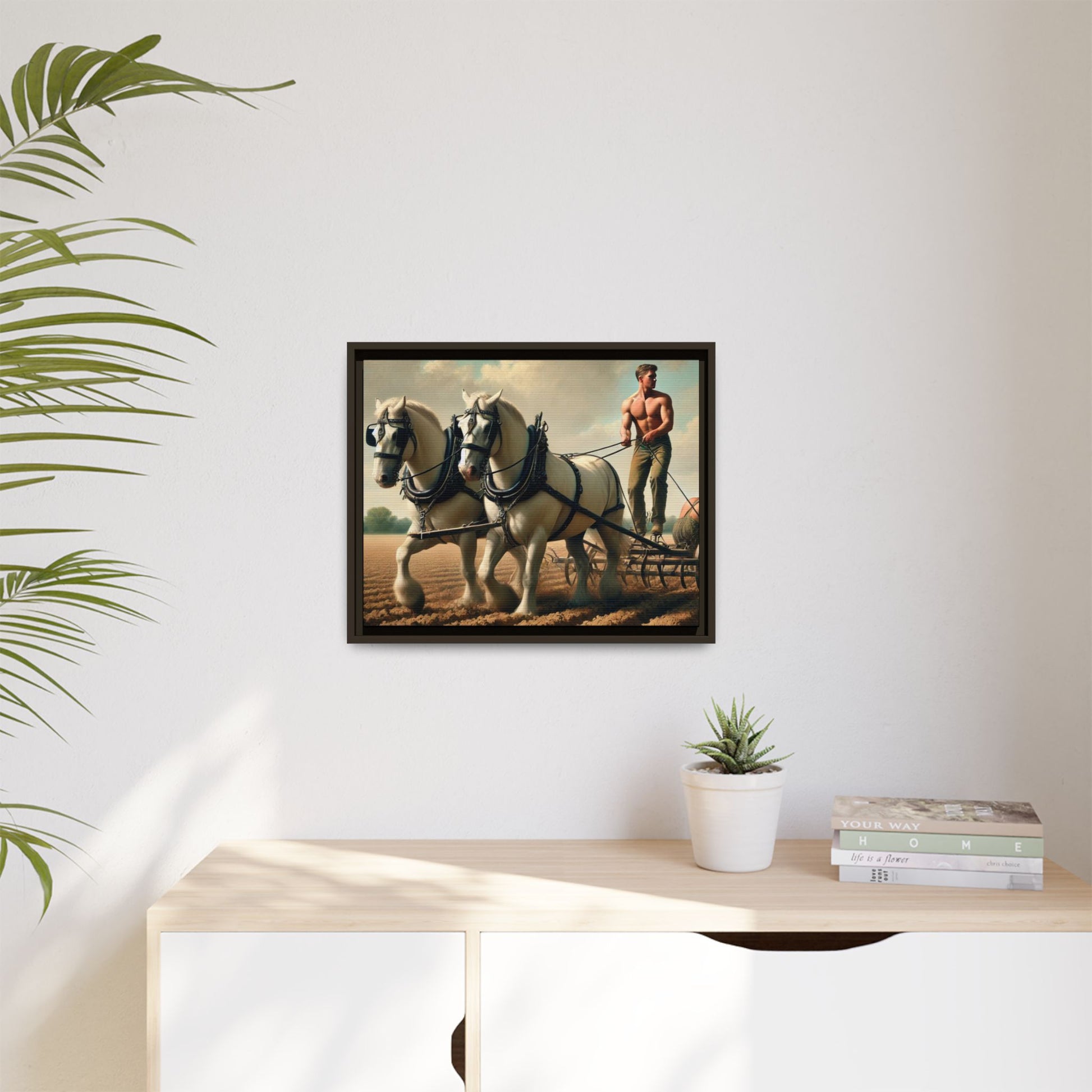 Vintage-style artwork of a shirtless man plowing a field with white horses, celebrating rural life and resilience.