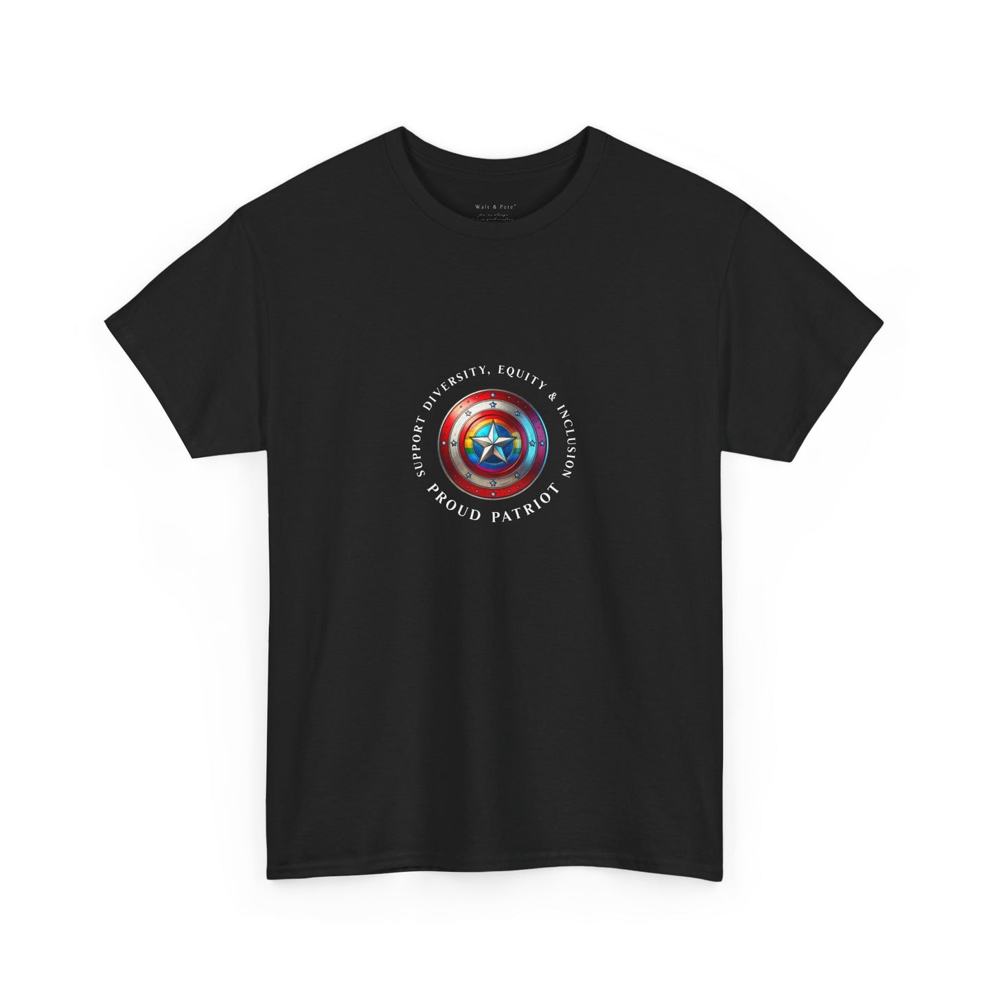 Vibrant DEI shield design on a unisex t-shirt celebrating diversity, equity, inclusion, and patriotism with a rainbow and star emblem.