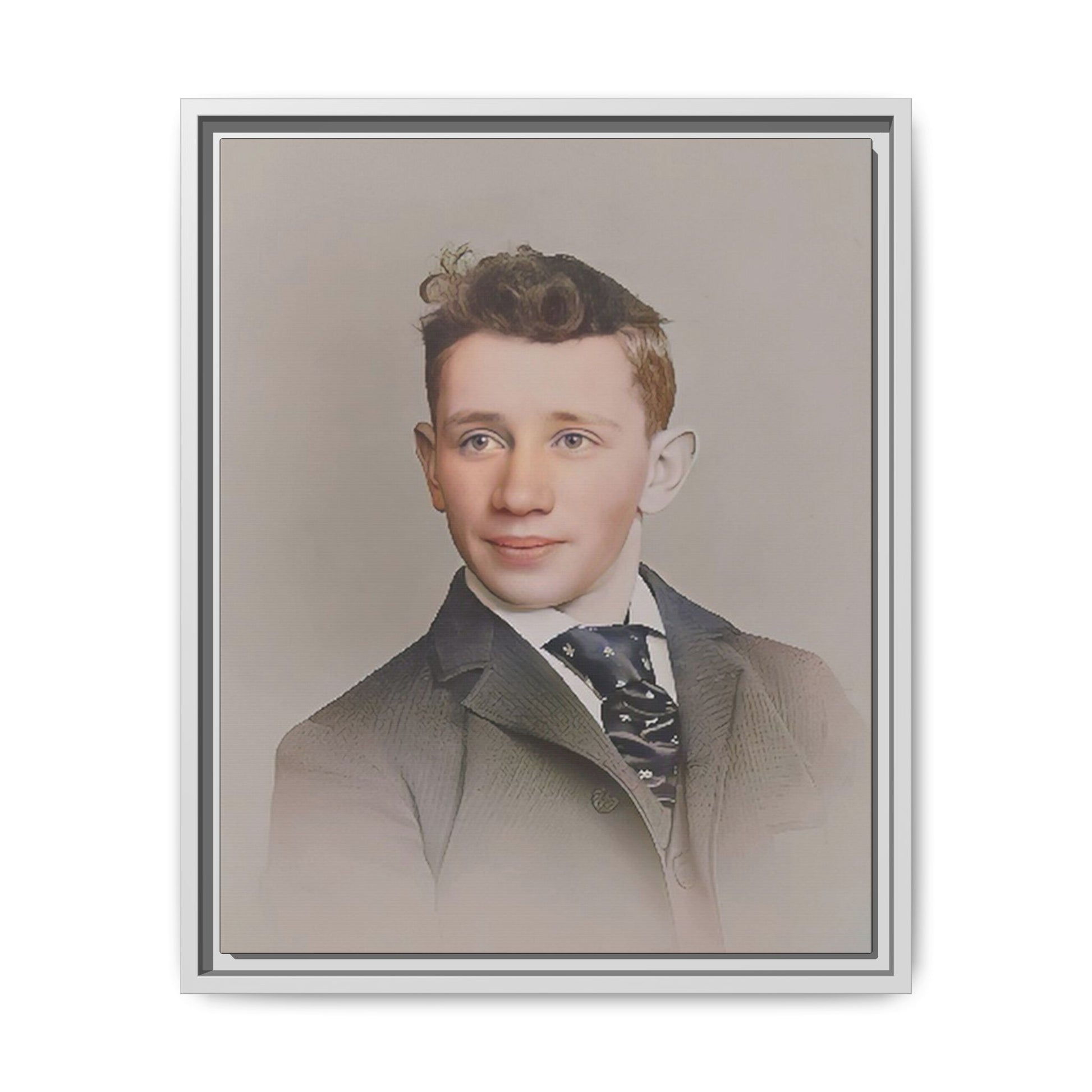 Restored vintage portrait of Leo from early 1900s Milwaukee, Wisconsin, featuring refined elegance and a patterned cravat. Framed matte canvas print celebrating timeless style and individuality.