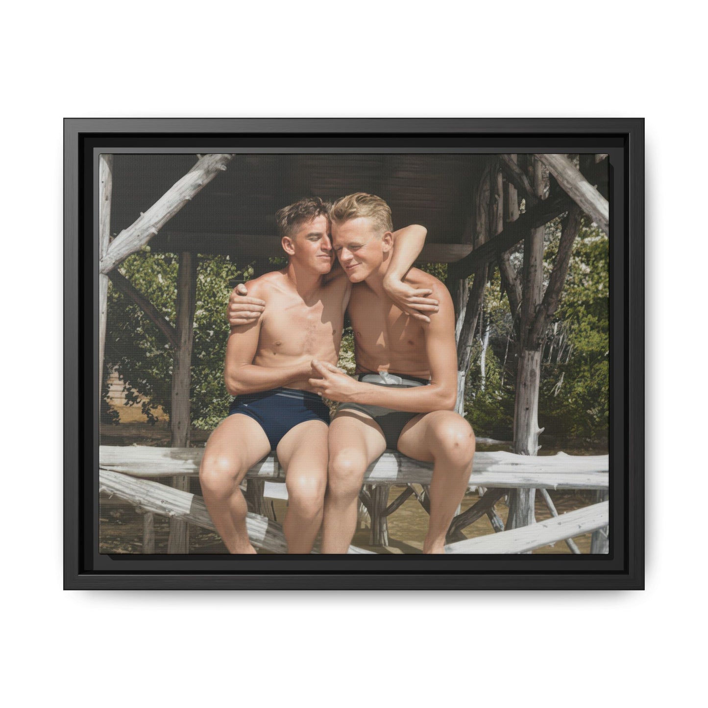 two men seated together vintage photograph restored outdoor bench 