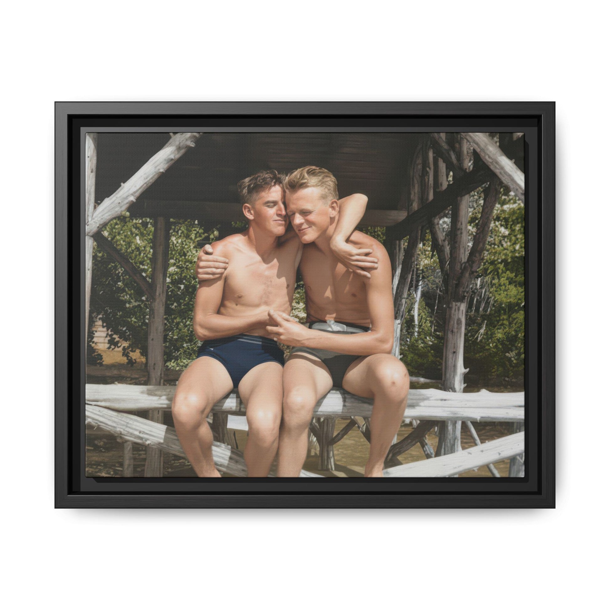 two men seated together vintage photograph restored outdoor bench 