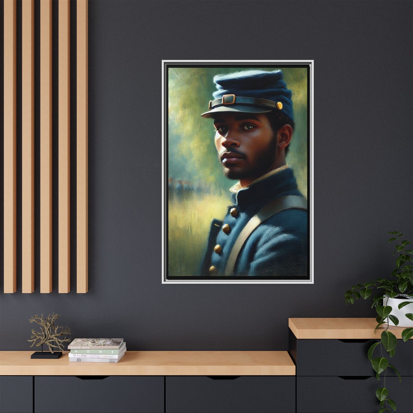 Portrait of an African American Civil War Union soldier in a kepi and navy wool coat, inspired by Walt Whitman’s Drum-Taps, honoring bravery, sacrifice, and resilience.