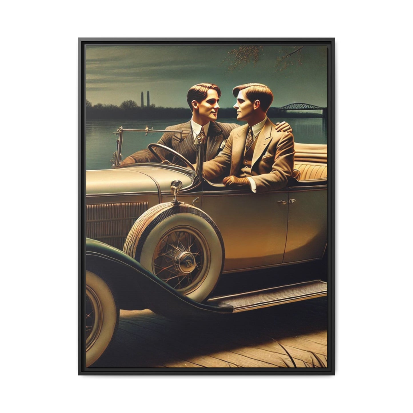 Vintage-style artwork of a gay couple in a 1930 Packard car by the Mississippi River under moonlight, celebrating love and history.