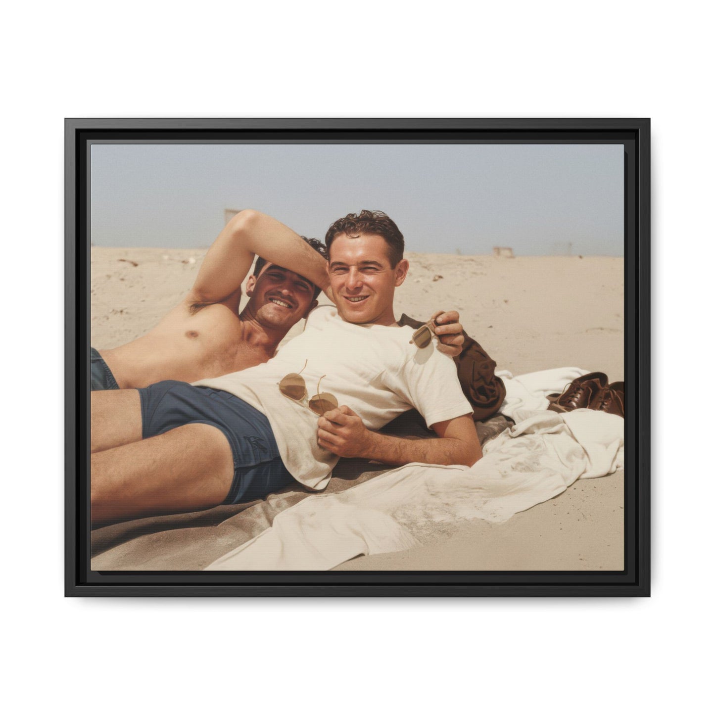 Vintage beach portrait with relaxed pose and sunglasses 