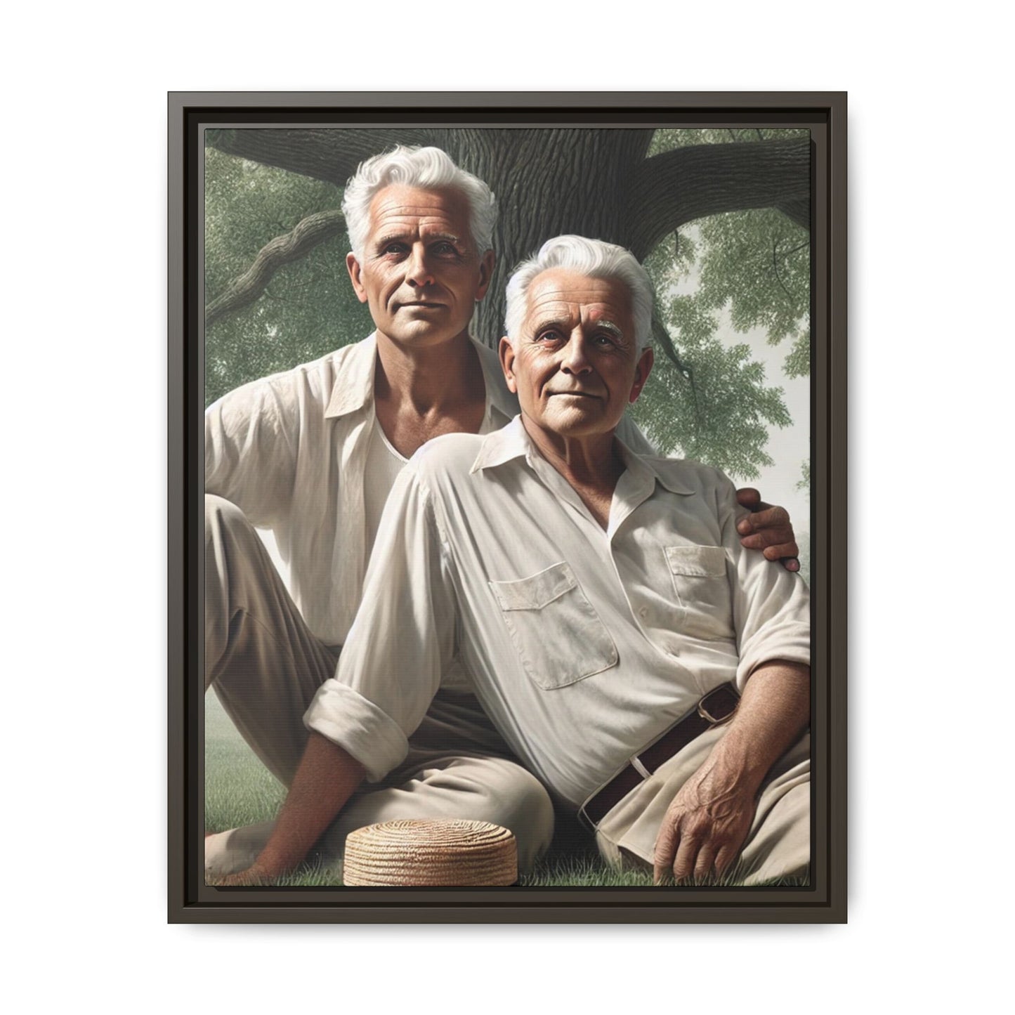 Hyper-realistic painting of an elderly gay couple in 1930s vintage attire under a leafy tree, celebrating love and resilience.