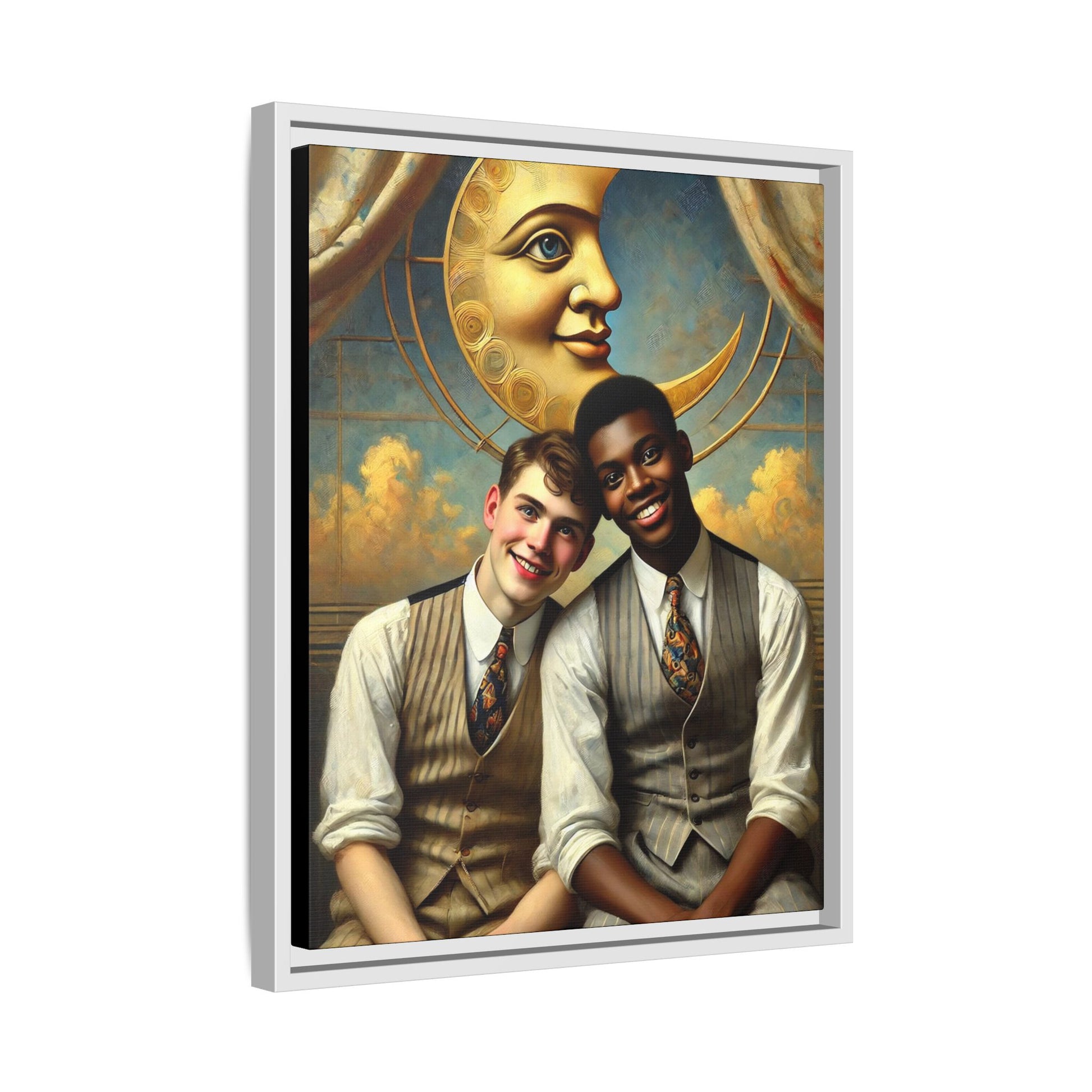 A vintage-style artwork showing a young interracial gay couple in 1920s attire sitting beneath a golden crescent moon with a serene expression. Their joyful closeness reclaims erased queer history and reflects the beauty of interracial love through a lens of tenderness and celebration.