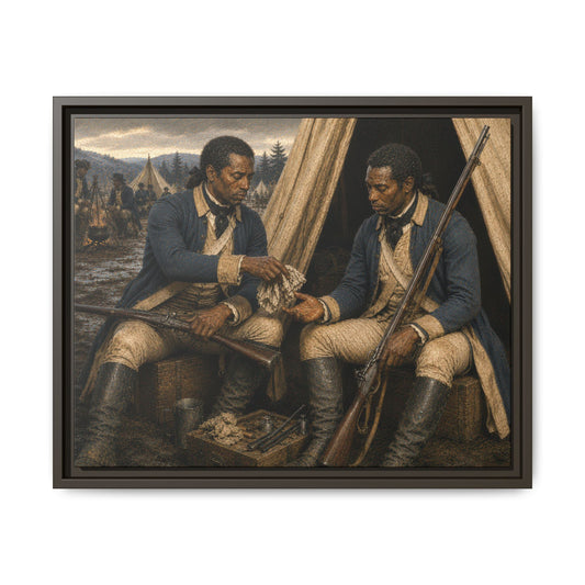 Museum-inspired portrait of two Black Continental Army soldiers maintaining equipment outside a Revolutionary War tent encampment. 