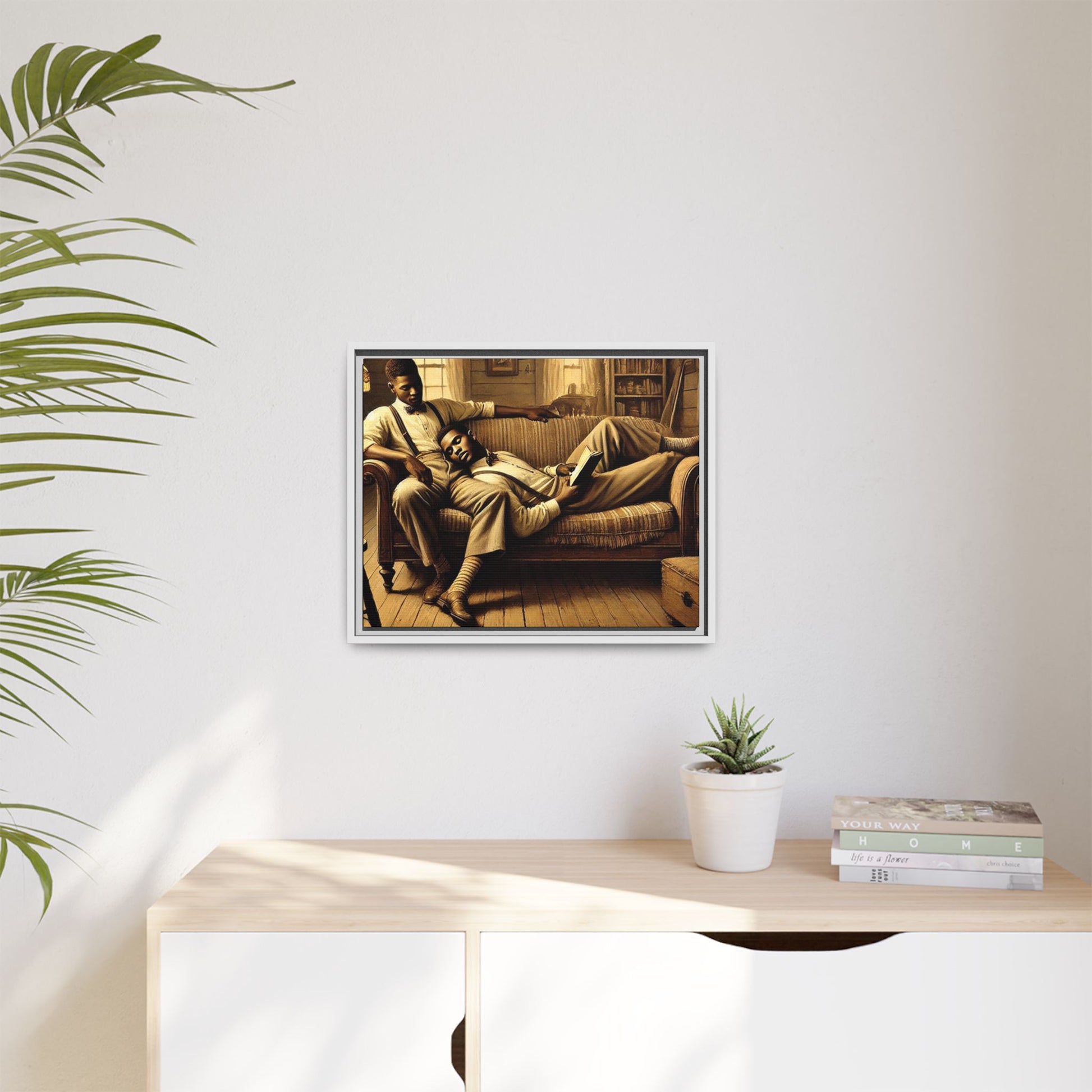 Framed artwork of an African-American gay couple sharing an intimate moment on a rustic sofa, inspired by Grant Wood’s style