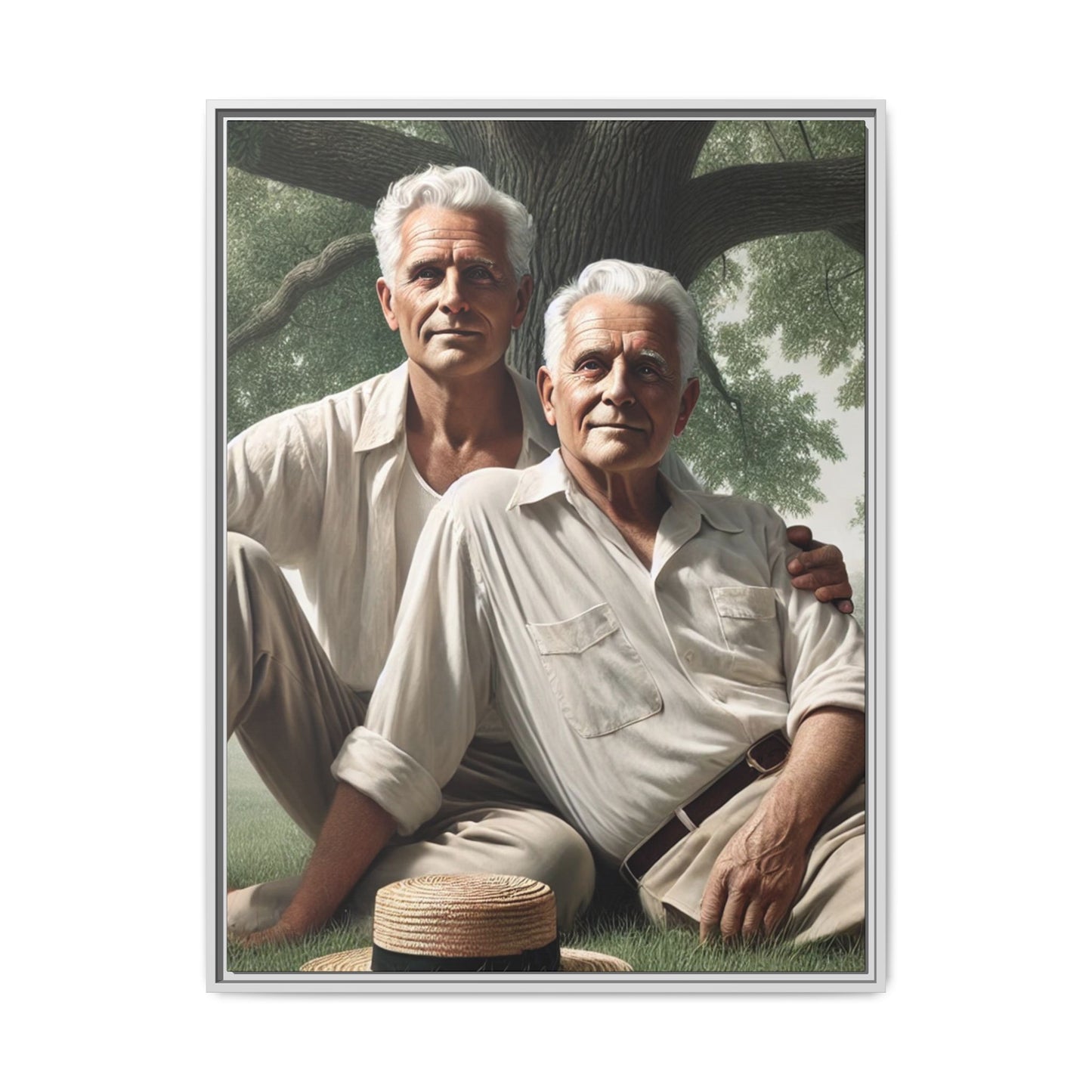 Hyper-realistic painting of an elderly gay couple in 1930s vintage attire under a leafy tree, celebrating love and resilience.