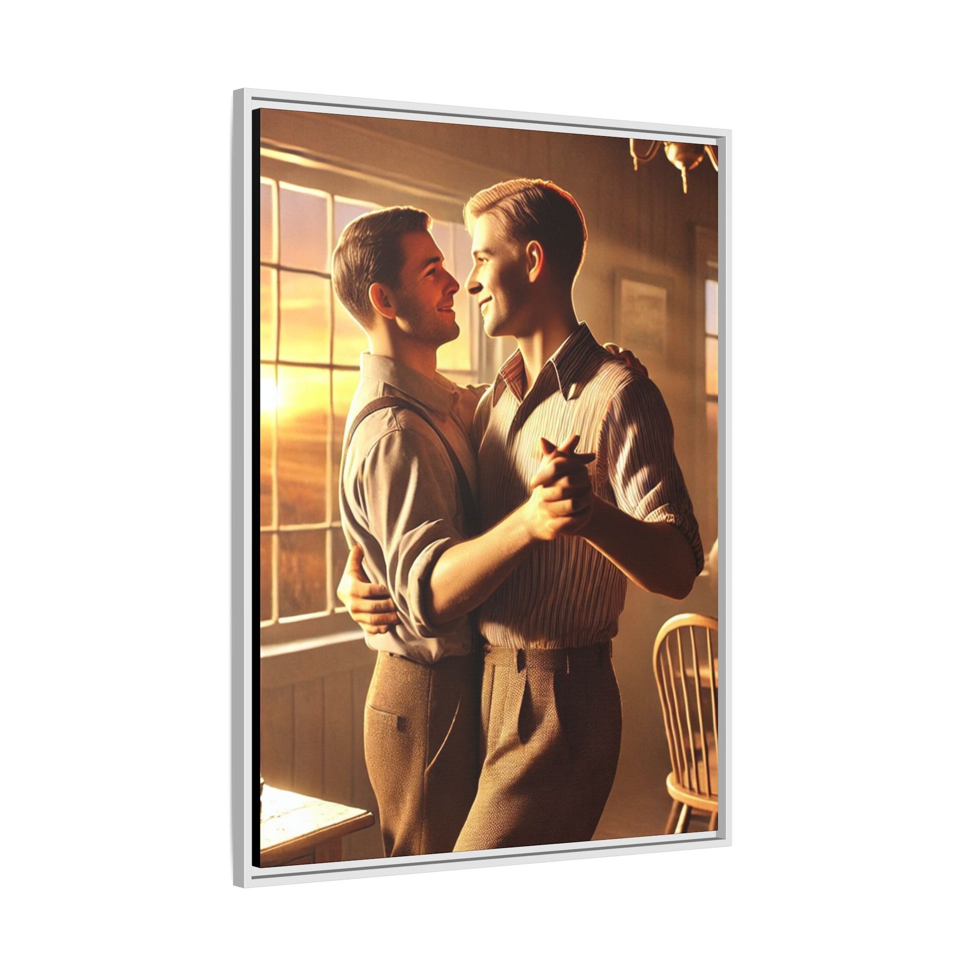 Art of a gay couple dancing in a sunlit dining room, inspired by Grant Wood’s Americana style and celebrating love.