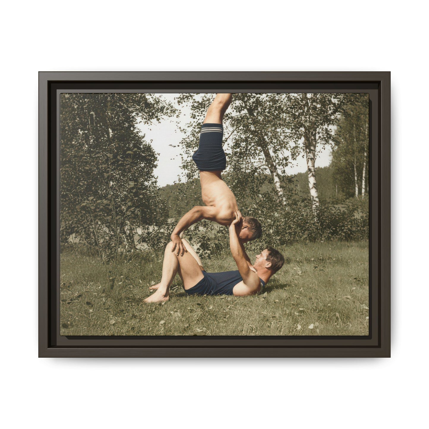 Early 20th-century athletic swimwear scene reproduced as framed canvas wall art 