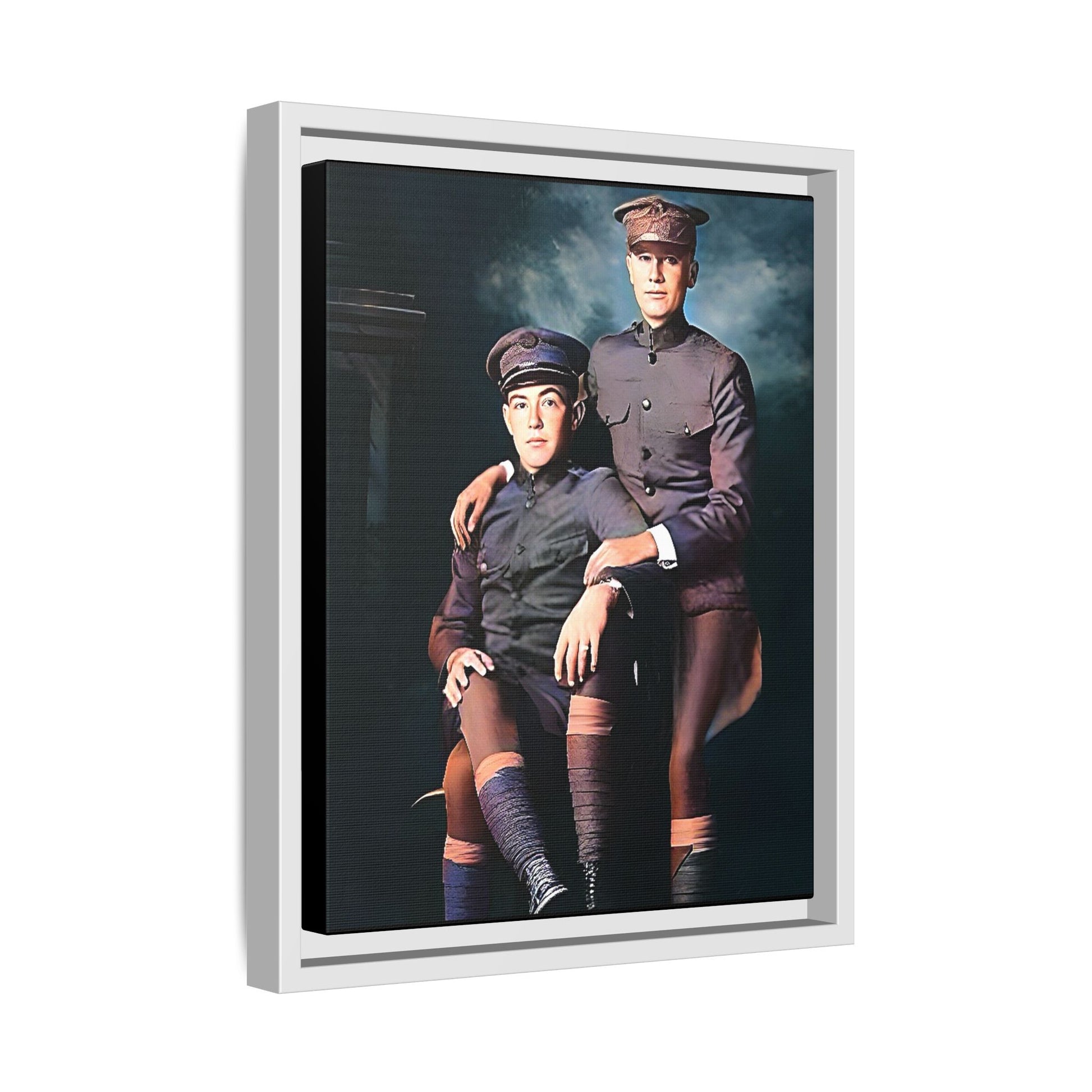 Restored WWI-era photo of Frederick & Hugh, gay soldiers seated together in Providence, Rhode Island, framed canvas art.