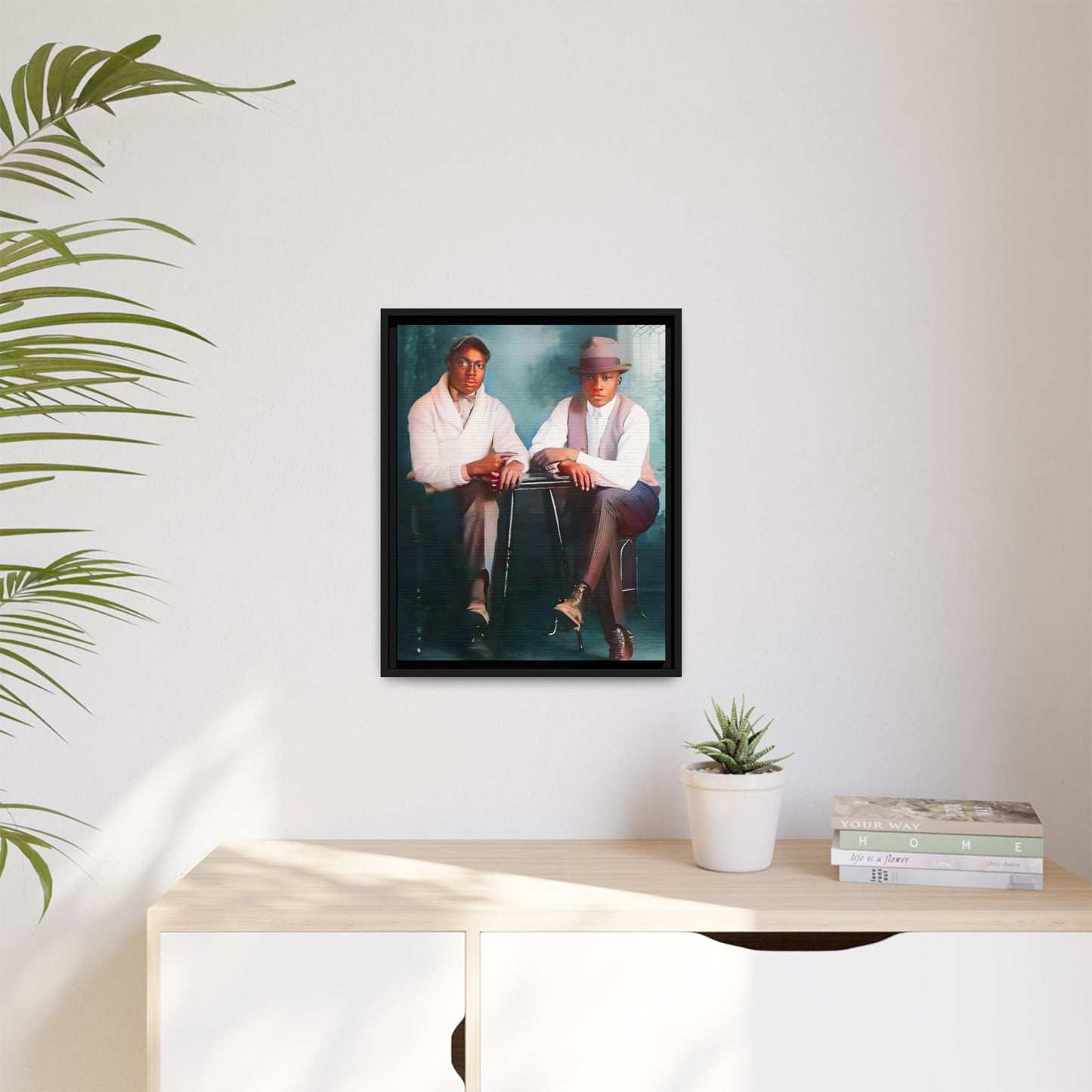 Restored vintage 1930s photo of Denzel & Jacob, African-American couple seated at a café in Little Rock AR, framed canvas art.