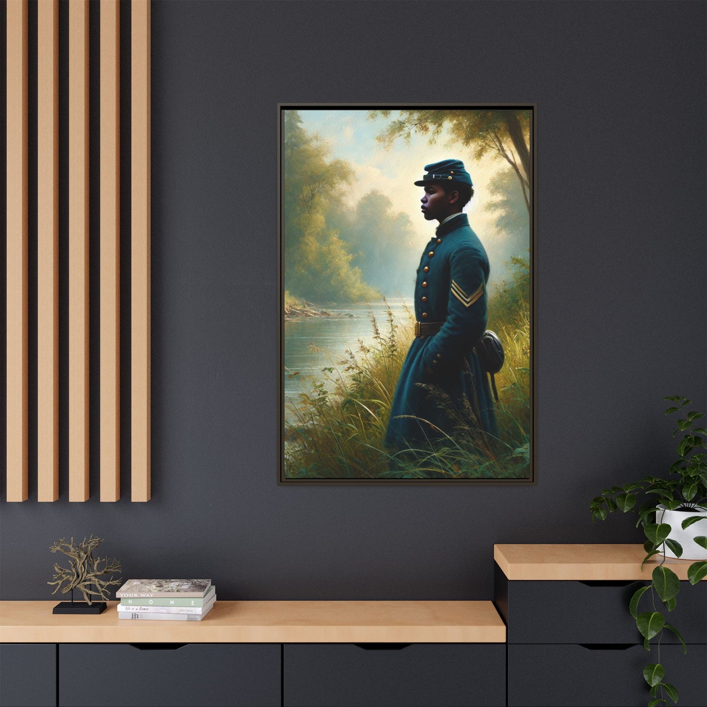 Portrait of an African American Union soldier standing solemnly by a riverside, inspired by Walt Whitman’s Leaves of Grass and Drum-Taps, honoring sacrifice, resilience, and history. Grant Wood Inspired