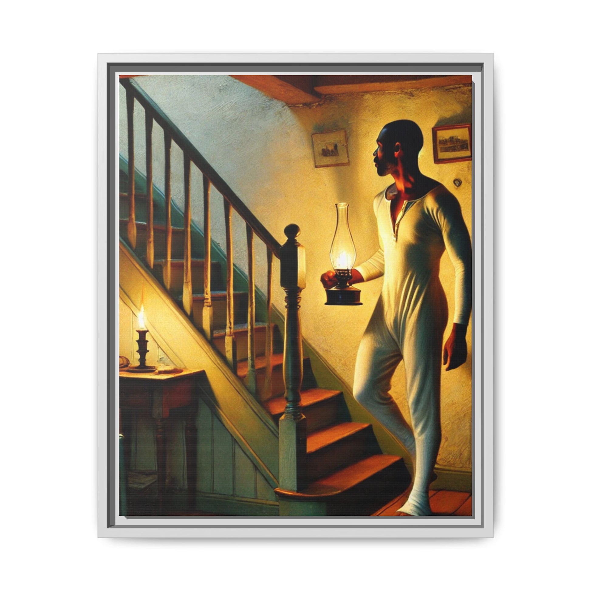 Framed artwork of an African-American man holding a lantern on a staircase, inspired by Grant Wood's style.