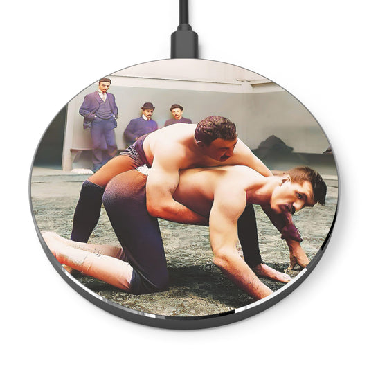 hommes 016 | Wireless Charger Vintage Wrestling Photo Mat Wrestler Gay LGBTQ Queer Jock Gym Dad Gift
