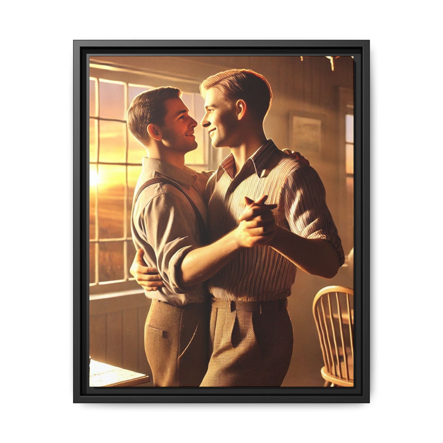 Art of a gay couple dancing in a sunlit dining room, inspired by Grant Wood’s Americana style and celebrating love.