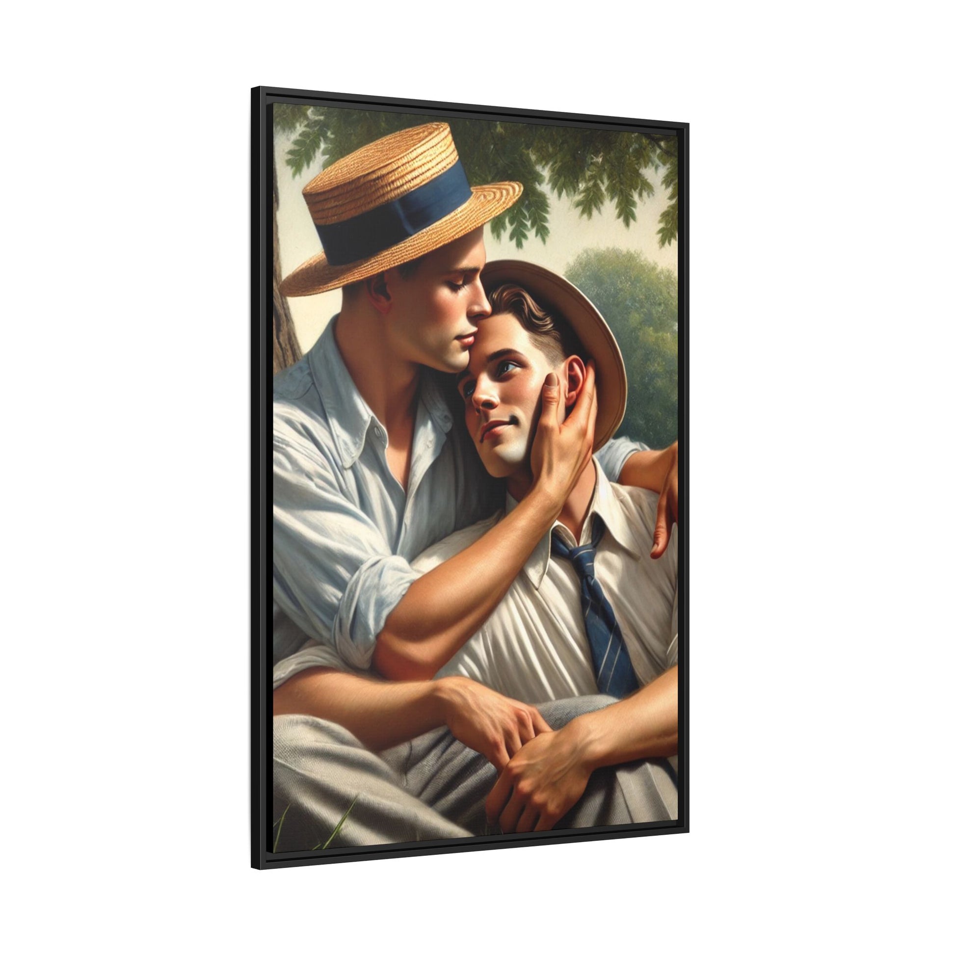 Vintage-style artwork of a gay couple in a sunlit meadow, sharing an affectionate moment in the 1930s