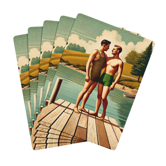 Vintage-inspired poker deck featuring two men in 1920s swimwear on a lakeside dock, capturing hidden queer romance.