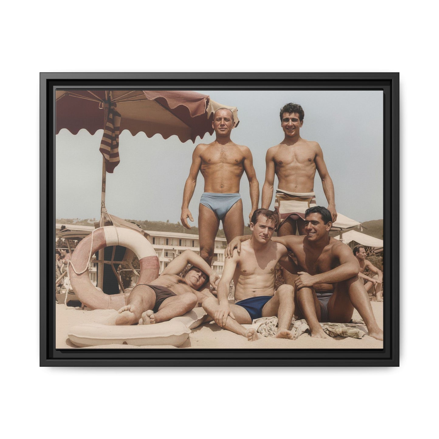 Historical seaside snapshot wall art showing group portrait on beach 